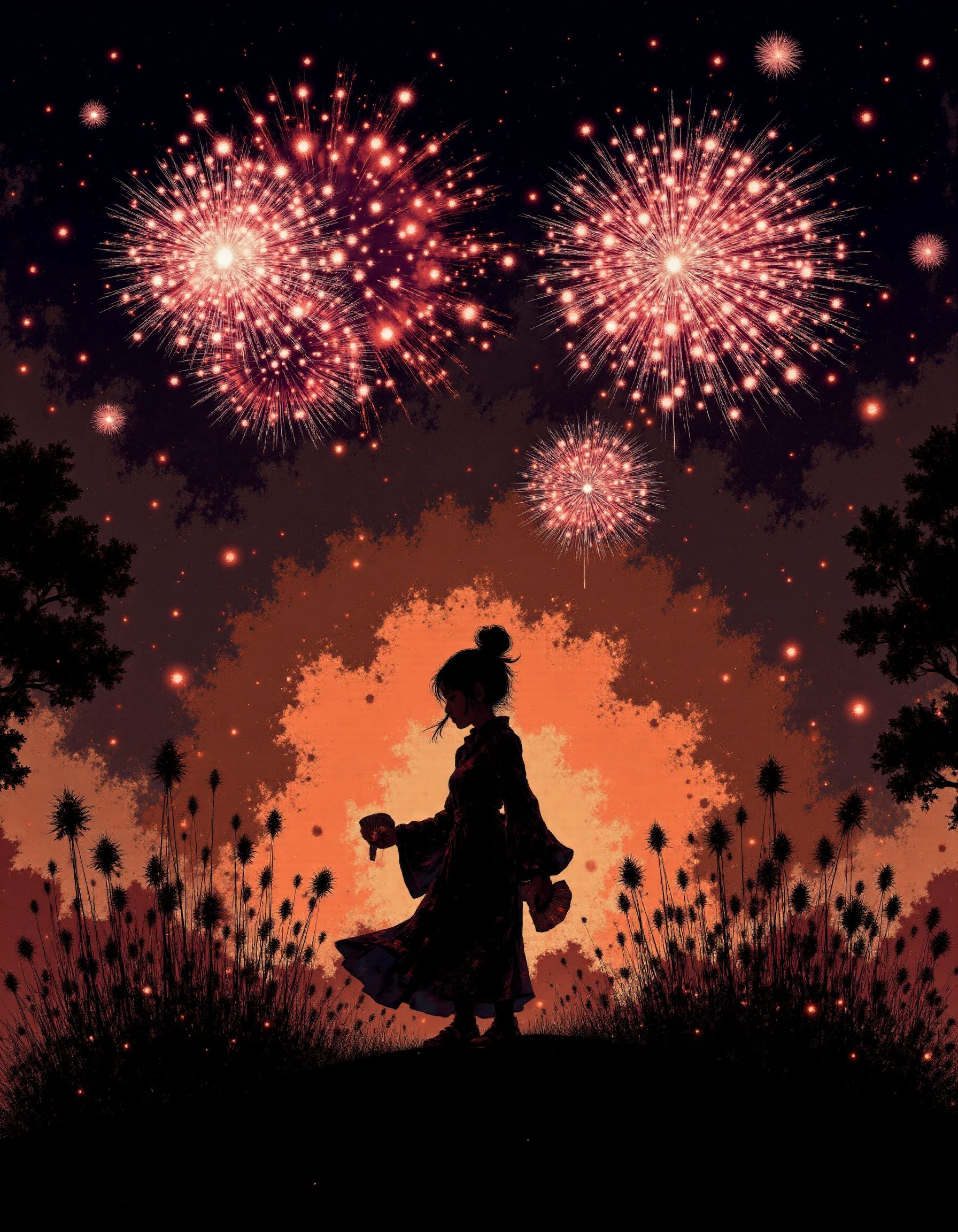 anime style epic fireworks display, bright, deep red color fireworks <lora:fireworks:1>  <lora:수묵화:1>