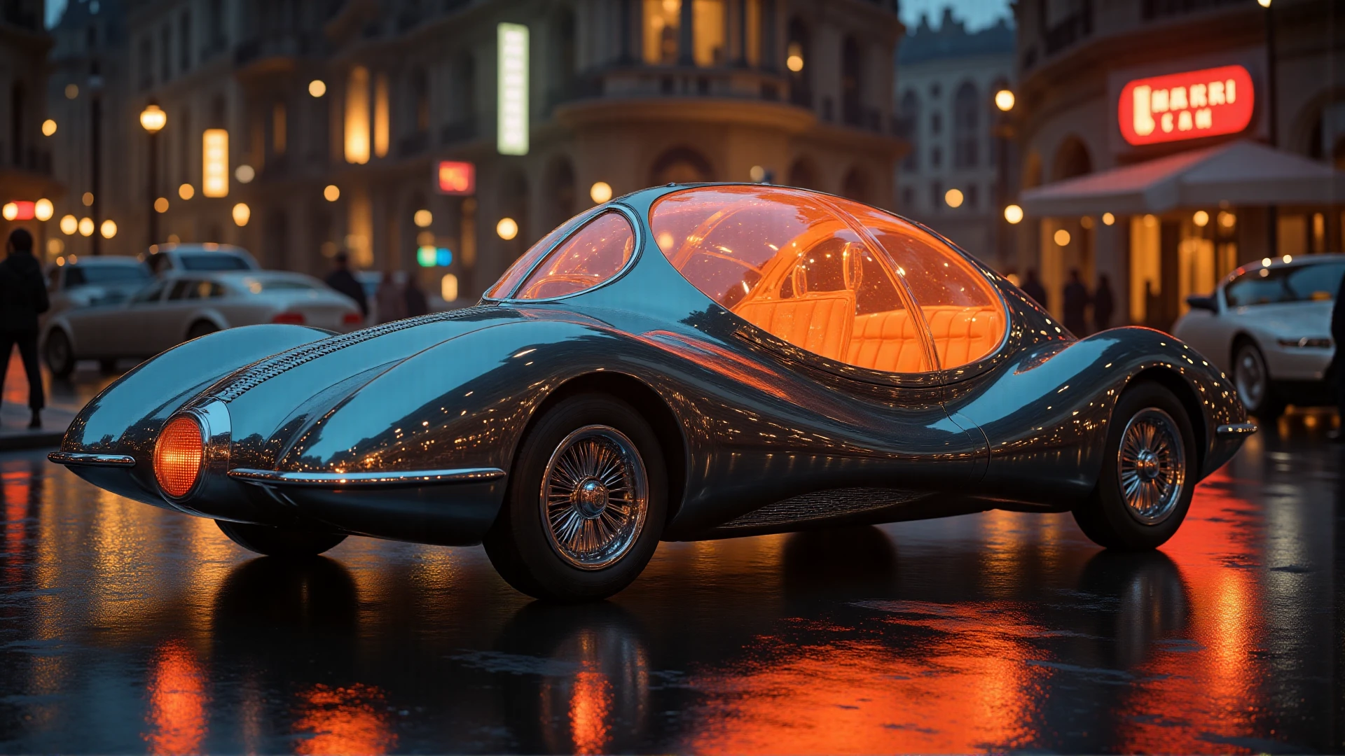 retro50s_style A sleek, chrome retrofuturistic car with a transparent bubble roof and warm orange interior lighting, driving on a wet city street at night, the car has rounded shapes and fins, warm city lights reflecting on the wet pavement, bokeh, 8k, hyperrealistic, photo, cinematic lighting, inspired by Streamline Moderne and 1960s concept cars.
