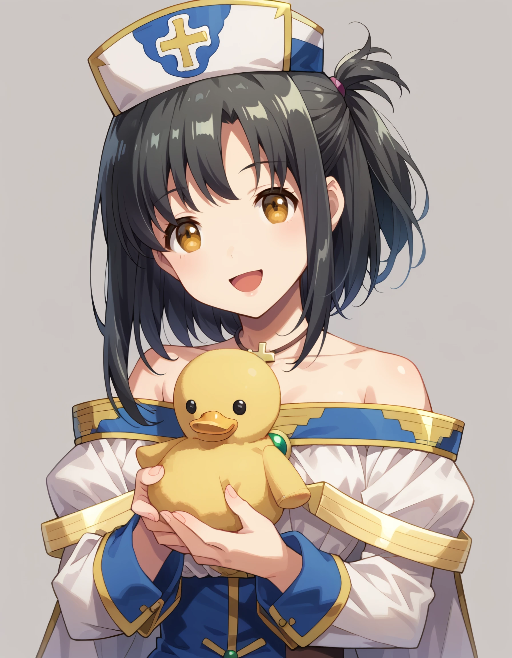 score_9, score_8_up, score_7_up,source_anime, <lora:Arifureta_Shokugyou_de_Sekai_Saikyou_-_ kaori_shirasaki:1> score_9, score_8_up, score_7_up,source_anime, rating:safe, kaori_shirasaki, long_hair, black_hair, hat, brown_eyes, yellow_eyes, jewelry, necklace, long_sleeves, off_shoulder, robe, cross colorful, pastel_colors, heart, (namori:1.3), (2000s_\(style\)), 1girl, :d, ^_^, bob_cut, clothing_cutout, collarbone, elbow_cutout, facing_viewer, happy, holding, holding_stuffed_toy, inverted_bob, loungewear, open_mouth, shoulder_cutout, smile, solo, star_\(symbol\), stuffed_duck, stuffed_toy, turtleneck, white_background, masterpiece, detailed, best_quality