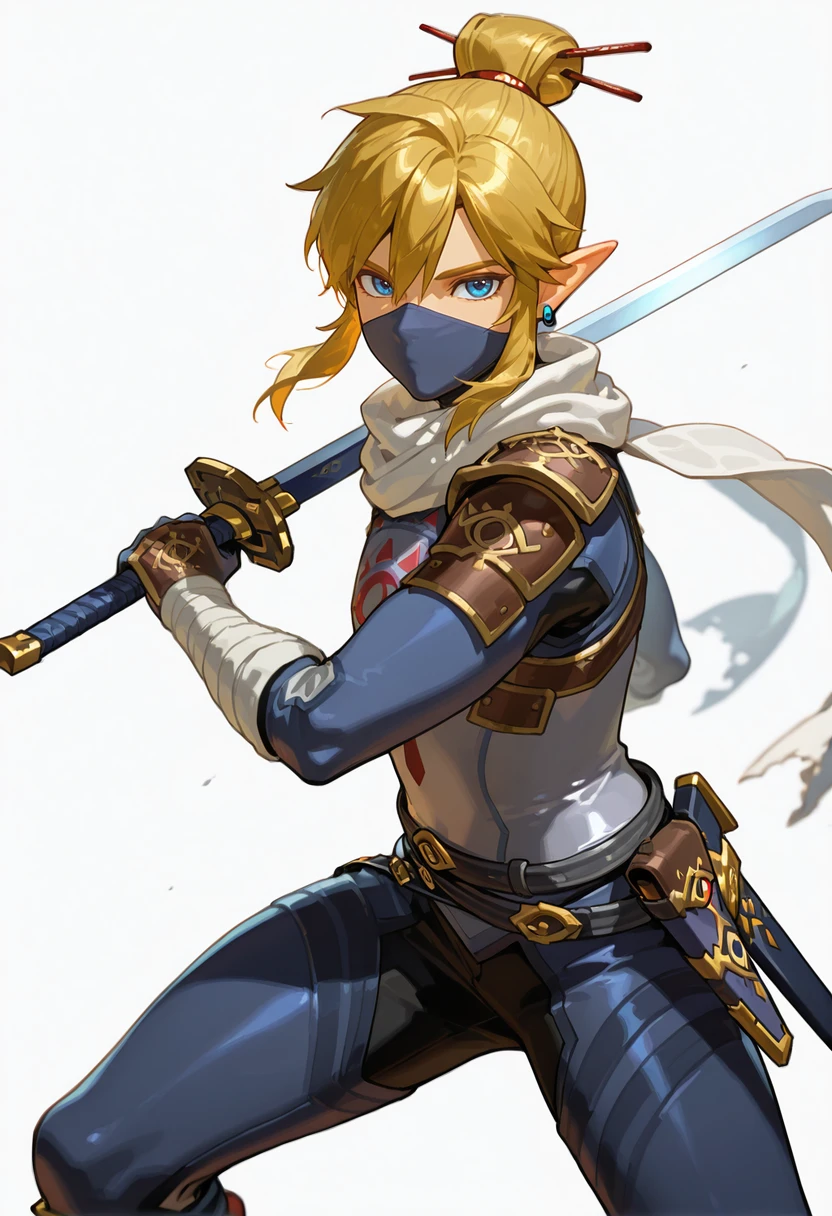 masterpiece, best quality,absurdres, ultra-detailed, high resolution,

link, weapon, male focus, solo, sword, 1boy, mask, holding, holding weapon, scarf, holding sword, white background, mouth mask, gloves, single hair bun, white scarf, hair ornament, simple background, looking at viewer, hair bun, hair between eyes