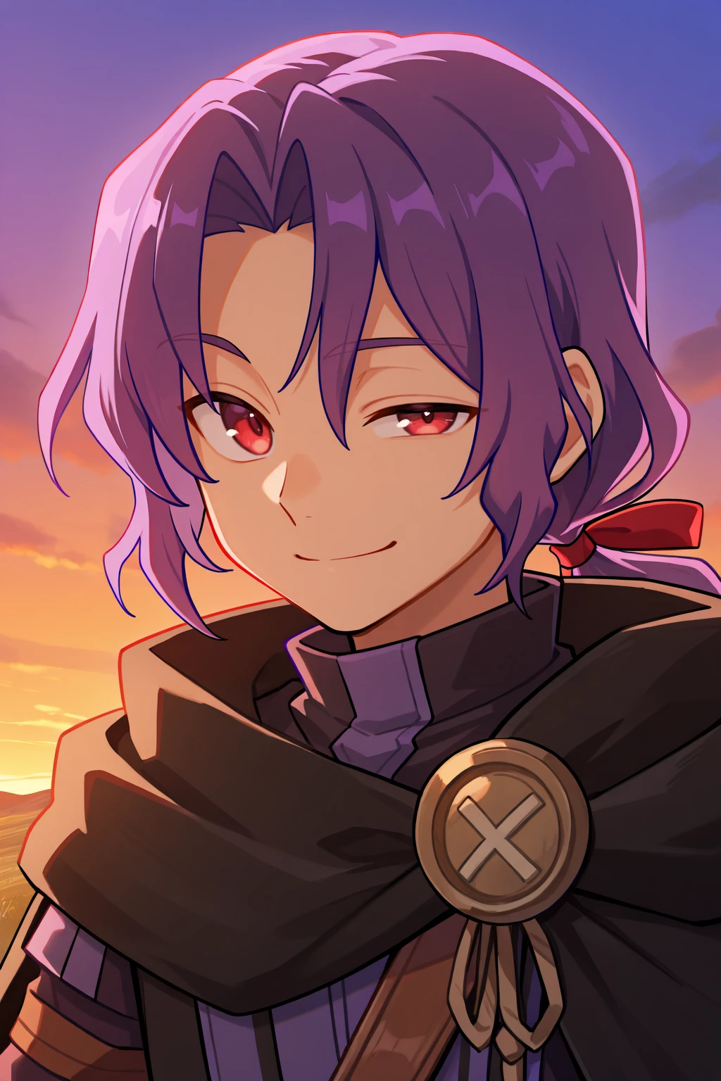 <lora:RussellIL:0.8> , rusdef, 1boy, red eyes, purple hair, long hair, ponytail, low ponytail, hair ribbon, black cloak, cape, striped tunic, tunic, facing left, ((face, close-up)), portrait, smile, evening, winking, looking at viewer, masterpiece, very aesthetic, absurdres, best quality, amazing quality, high resolution, <lora:illustrious_quality_modifiers_masterpieces_v1:0.8> , <lora:ChamIllustriousBackgroundEnhancer:0.5>, solo,