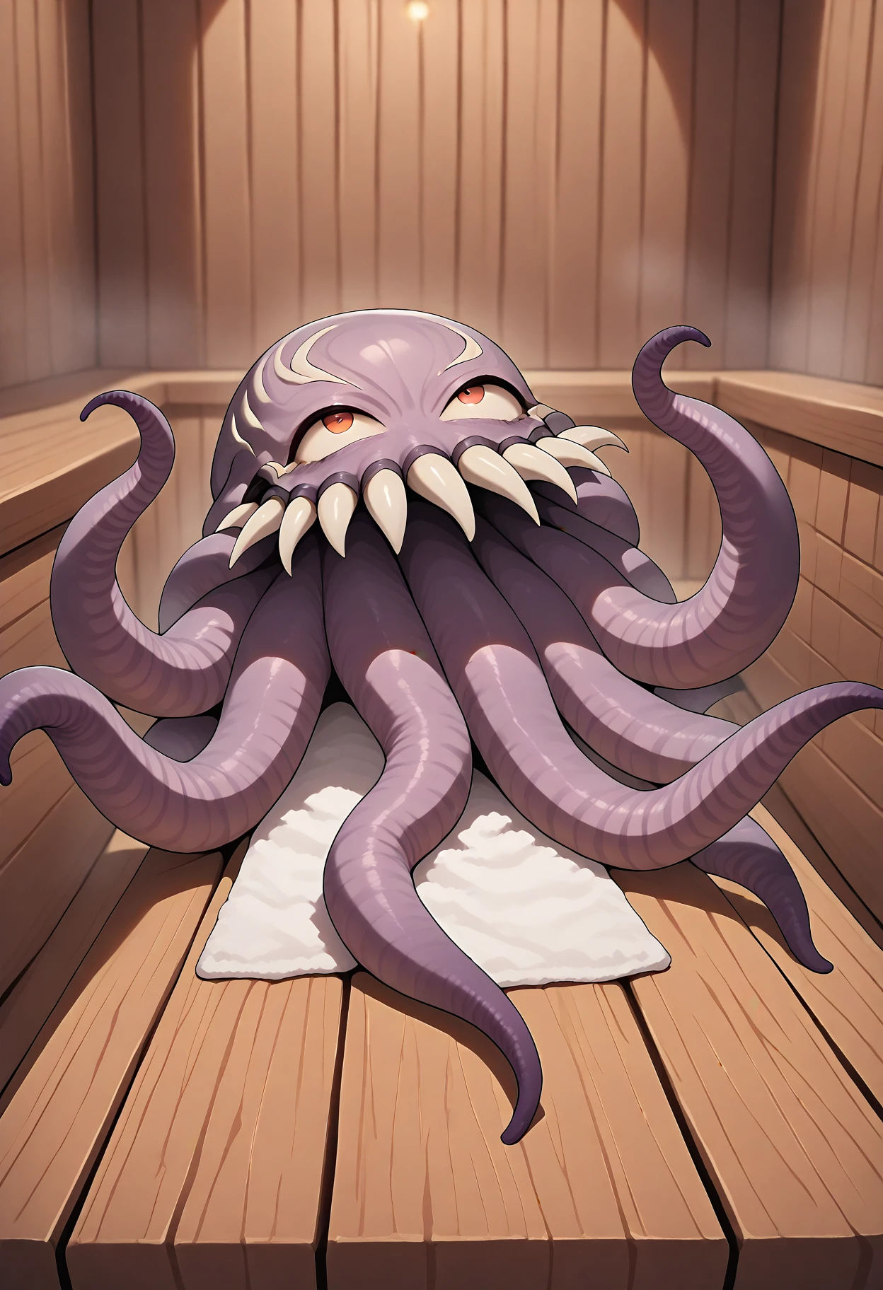 masterpiece, best quality, amazing quality, very aesthetic, absurdres, newest, ultros, monster, solo, no humans, towel, sauna, steam