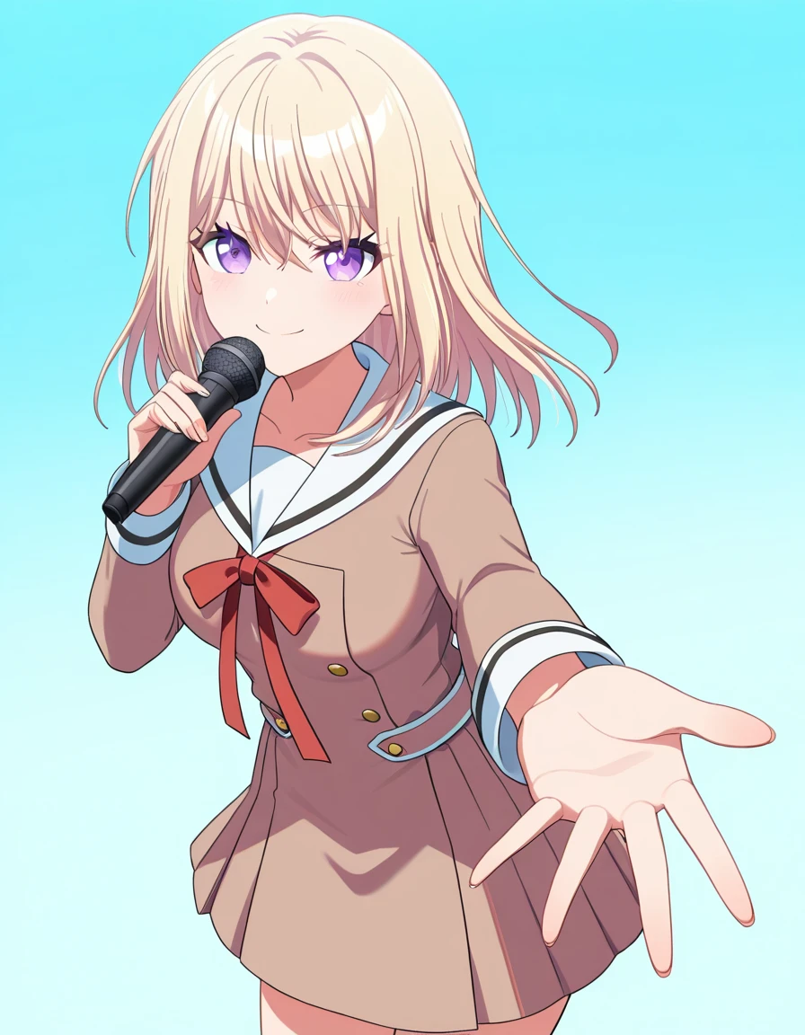 <lora:AveMujica_noobXL:1>, 1girl, solo, cowboy shot, looking at viewer, smile, misumi uika, hanasakigawa school uniform, brown dress, neck ribbon, red ribbon, simple background, aqua background, gradient background, reaching towards viewer, holding microphone, standing,, very awa, masterpiece, best quality, amazing quality, highres, absurdres, newest