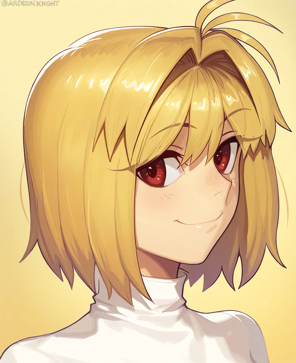<lora:ardent_knightCIVITAI:1> ardent_knight,
(masterpiece), (best quality), (ultra-detailed), amazing quality, very aesthetic, illustration, perfect composition, intricate details, absurdres, incredibly absurdres, shiny skin, realistic,
ardent_knight, 1girl, arcueid brunestud, blonde hair, red eyes, smile, short hair, hair intakes, looking at viewer, portrait, turtleneck sweater, closed mouth, white sweater, antenna hair, twitter username, yellow background, hair between eyes