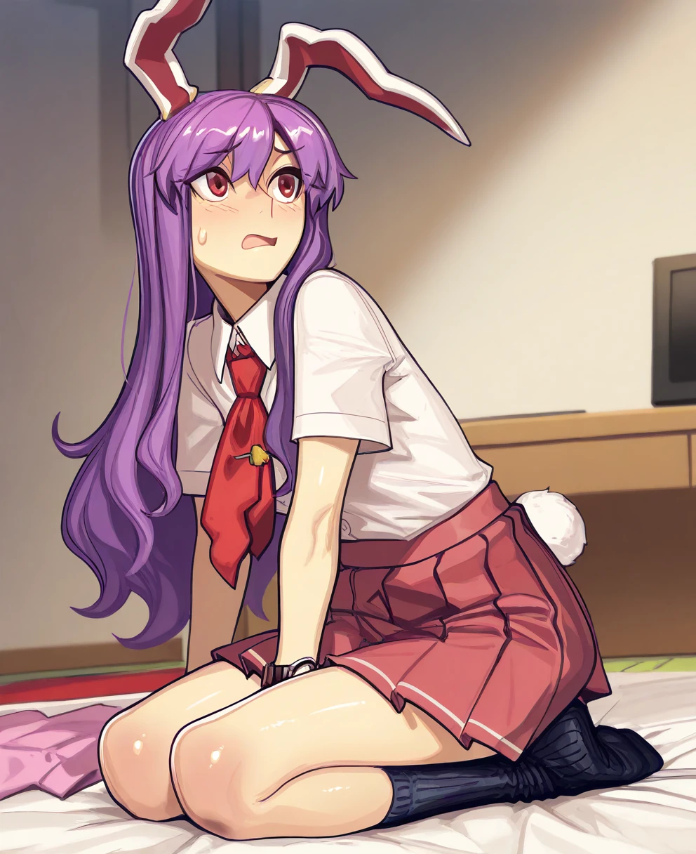 <lora:ardent_knightCIVITAI:1> ardent_knight,
(masterpiece), (best quality), (ultra-detailed), amazing quality, very aesthetic, illustration, perfect composition, intricate details, absurdres, incredibly absurdres, shiny skin, realistic,
ardent_knight, 1girl, animal ears, reisen udongein inaba, pleated skirt, long hair, rabbit tail, red eyes, purple hair, white shirt, black socks, red necktie, rabbit girl, sitting, open mouth, short sleeves, seiza, watch, collared shirt, looking to the side, red skirt, indoors, hair between eyes, sweatdrop, blush
