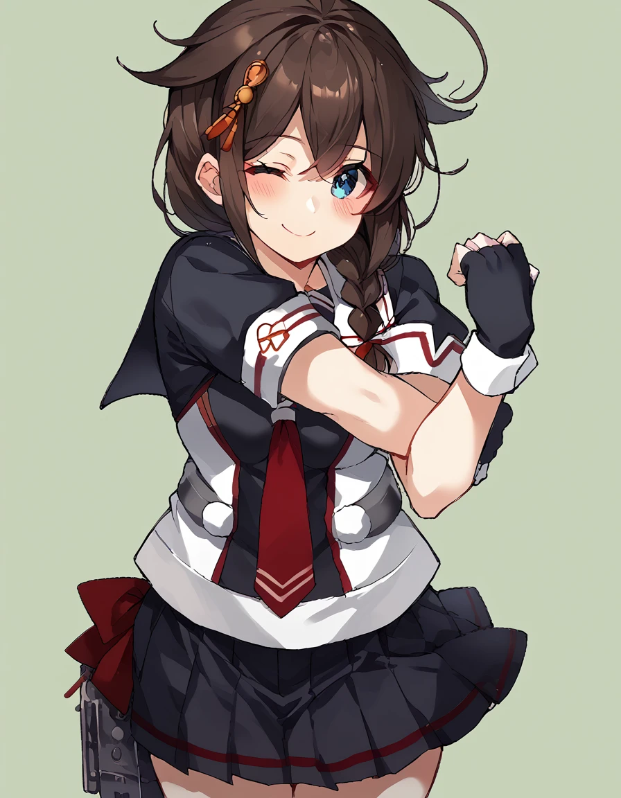 score_9, score_8_up, score_7_up, source_anime, <lora:kancolle-shigure-ingame-ponyxl-lora-nochekaiser:1>, shigure, shigure (kancolle), long hair, blue eyes, brown hair, black hair, hair ornament, braid, ahoge, single braid, hair over shoulder, hair flaps,, skirt, gloves, school uniform, pleated skirt, serafuku, fingerless gloves, necktie, red necktie, black skirt, black shirt, white sailor collar, short sleeves,, pagoda, tall, tiered, Asian, sacred, smile, <lora:cross-body-stretch-ponyxl-lora-nochekaiser:1> cross-body stretch, stretching, arm across chest, exercising, blush, one eye closed,, looking at viewer, solo,, cowboy shot