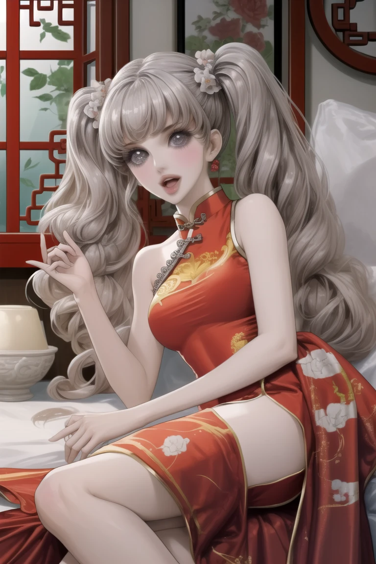 1girl, solo, dress, china dress, breasts, chinese clothes, on side, lying, grey eyes, looking at viewer, twintails, large breasts, flower, long hair, white dress, sleeveless, bangs, window, bare shoulders, parted lips, grey hair, sleeveless dress, indoors, open mouth, thighs, covered navel