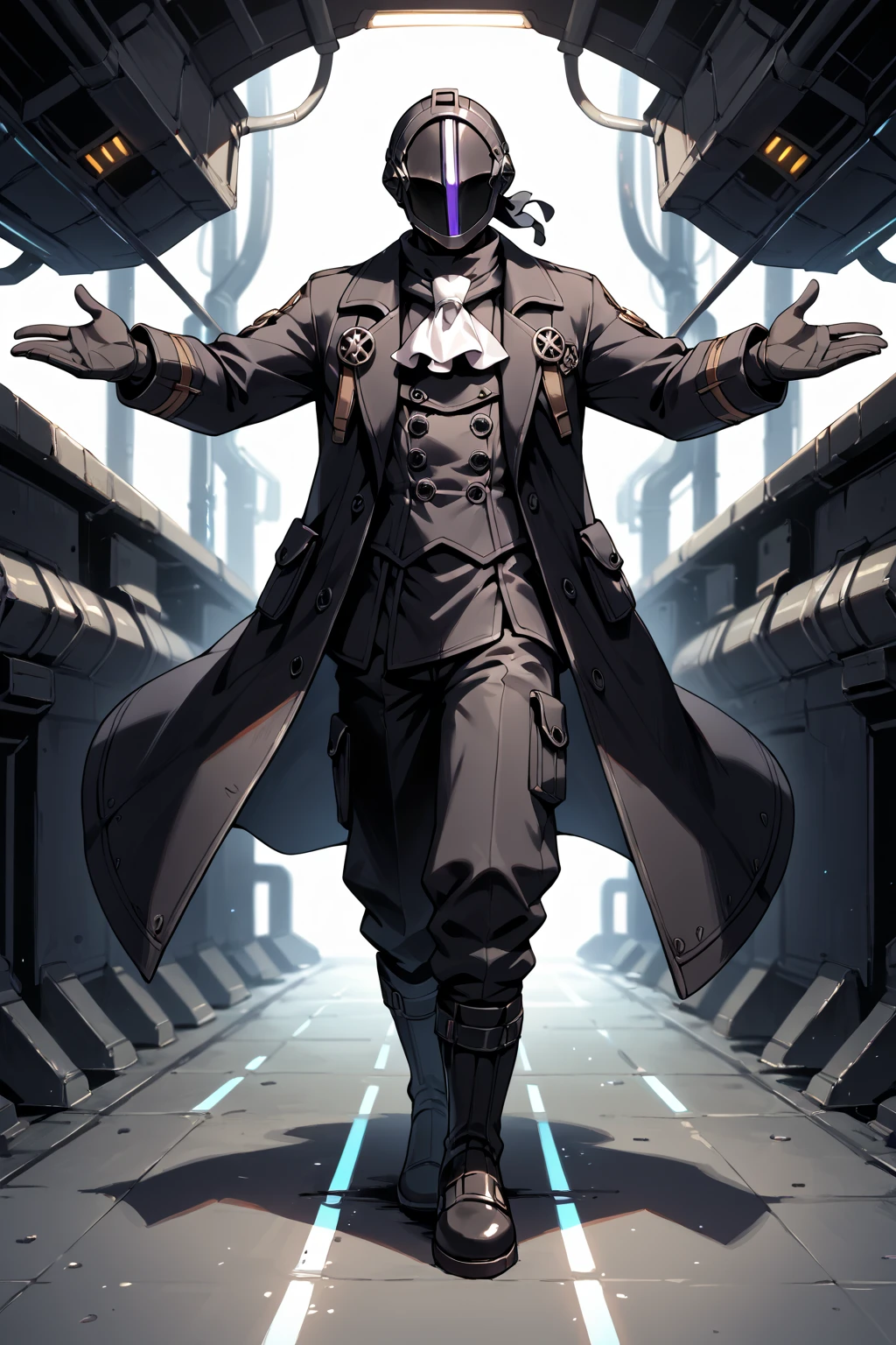 digital media \(artwork\), hi-res, score_9, score_8_up, score_7_up, score_6_up, score_5_up, score_4_up, BREAK,  <lora:bestdad:0.7> Bondrewd, male, solo, black coat, overcoat, ascot, black gloves, helmet, masked, long sleeves, black boots, black pants, outstretched arms, hi-tech, underground,