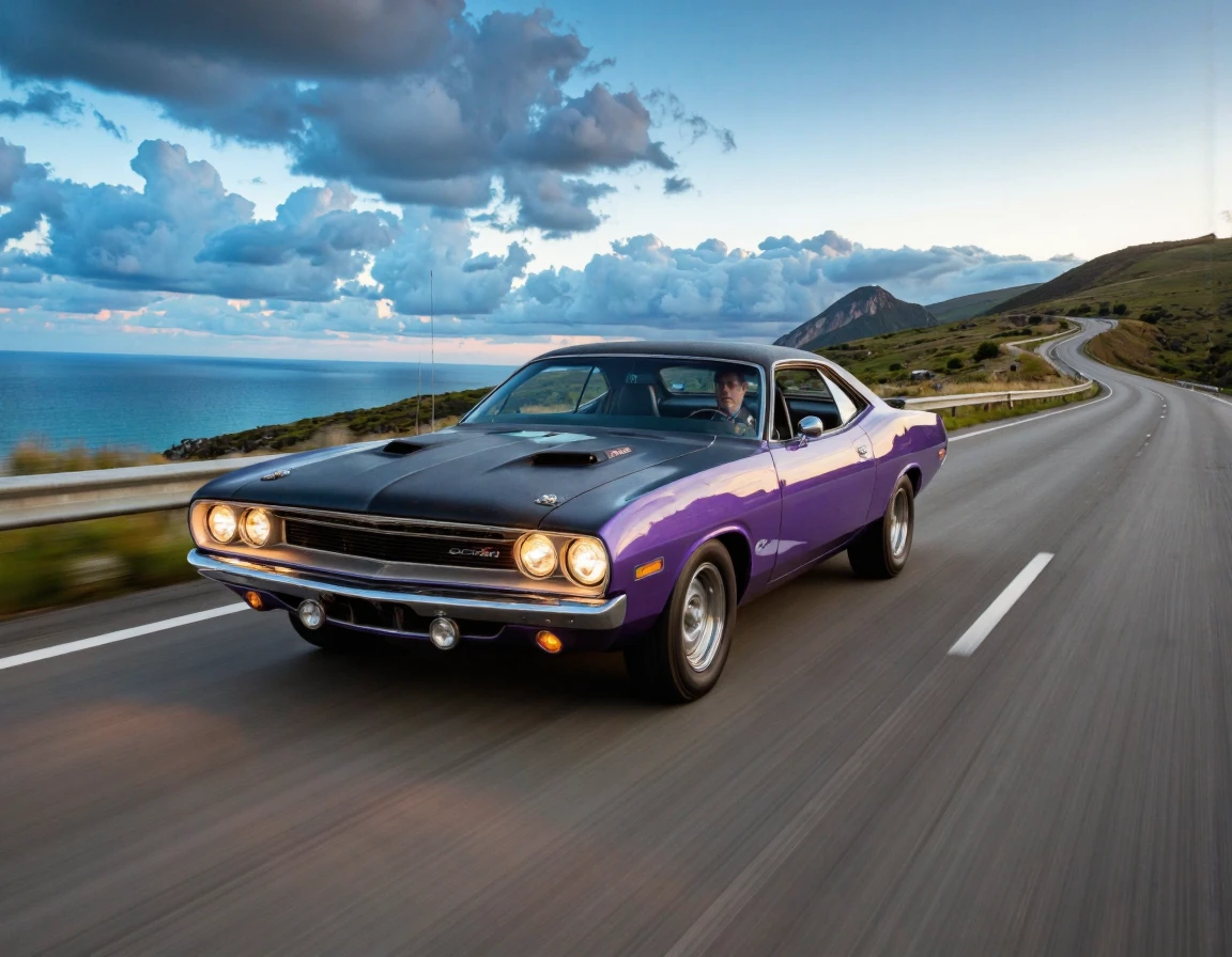 1970plymouthbarracuda, purple barracuda in motion, man driving, racing along an american highway, motion blur, action lines, rolling grassy hills, guardraills, blue sky, clouds, ocean in background at dusk,
extremely detailed, sharp focus, sharp