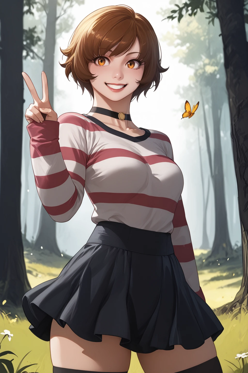 score_9, score_8_up, score_7_up, masterpiece, high quality, extreme detail, absurdres, (detailed skin texture) BREAK
<lora:Miro DanbiPonyLora:1>miro, short hair, choker, striped shirt, skirt, black thighhighs, smile, v sign, arm stretched, forest