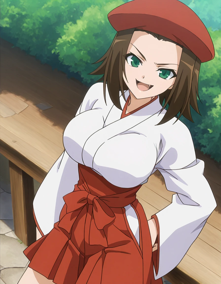 masterpiece,best quality, good quality,anime screenshot, 
,1girl,outdoor
evil smile,open mouth, 
miko, 
legs
 <lora:ill-omamori-ageha:1>ageha, large breasts,green eyes, brown hair, short hair,beret,fang