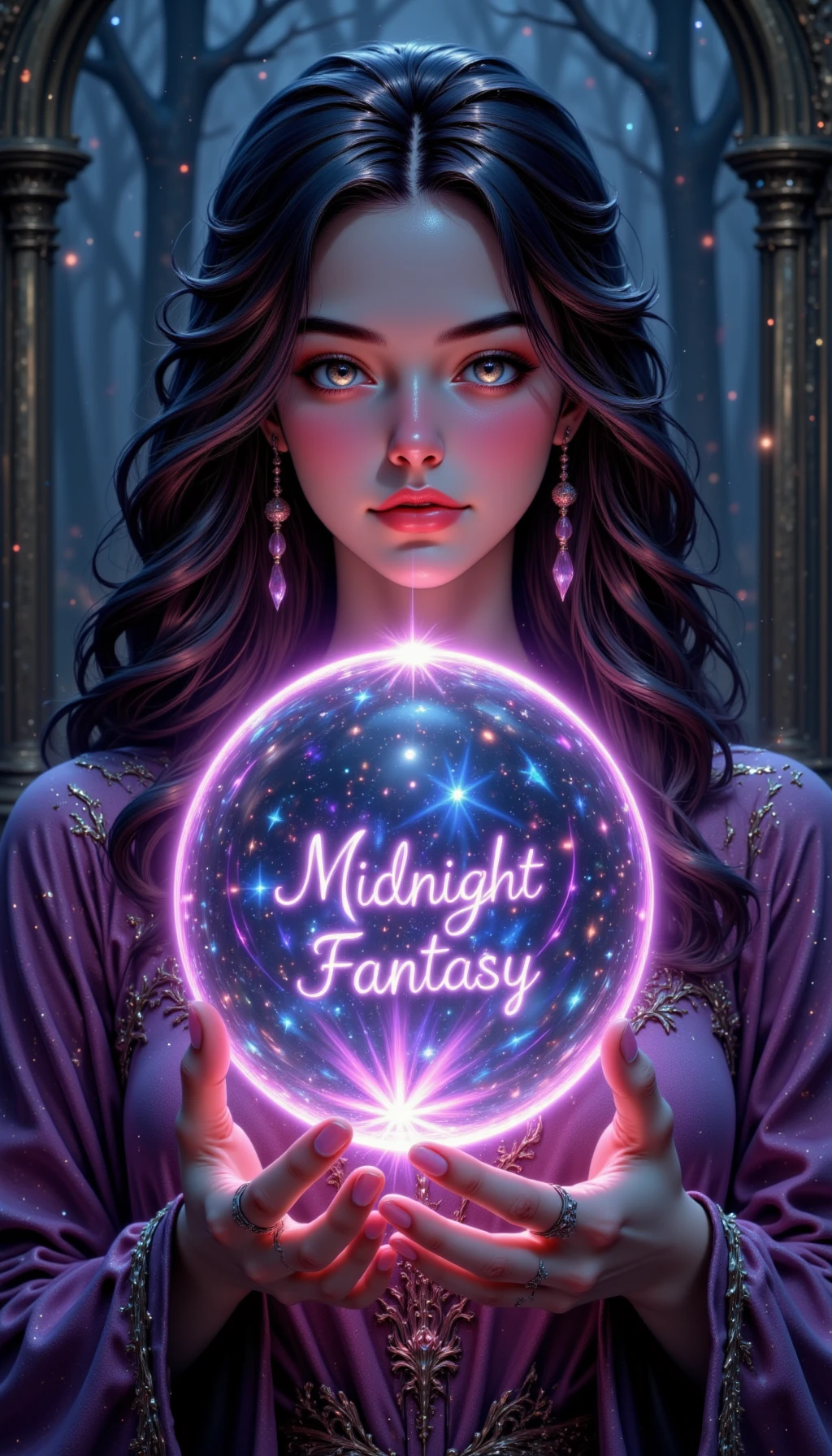 pinkmidnightfantasy,

A poised woman holding a glowing crystal orb, with runes floating around her hands. The text "Midnight Fantasy" hovers inside the orb, glowing like trapped moonlight.