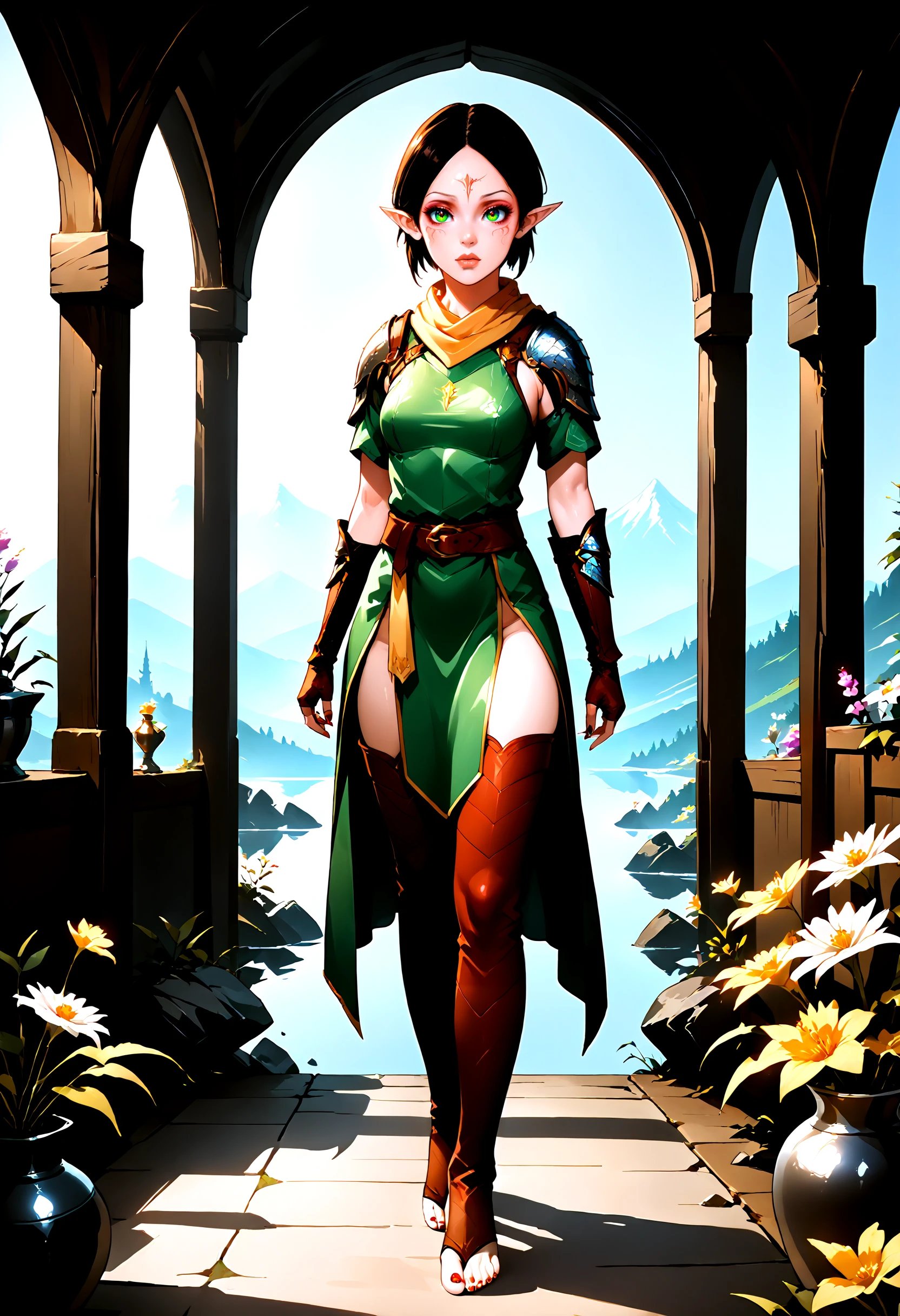 masterpiece, best quality,
merrill_(dragon_age_2), dalish, 1girl, solo, pointy_ears, ears, armor, gloves, short_hair, toeless_legwear, legwear, scarf, fingerless_gloves, gloves, elf, nail_polish, realistic, flower,