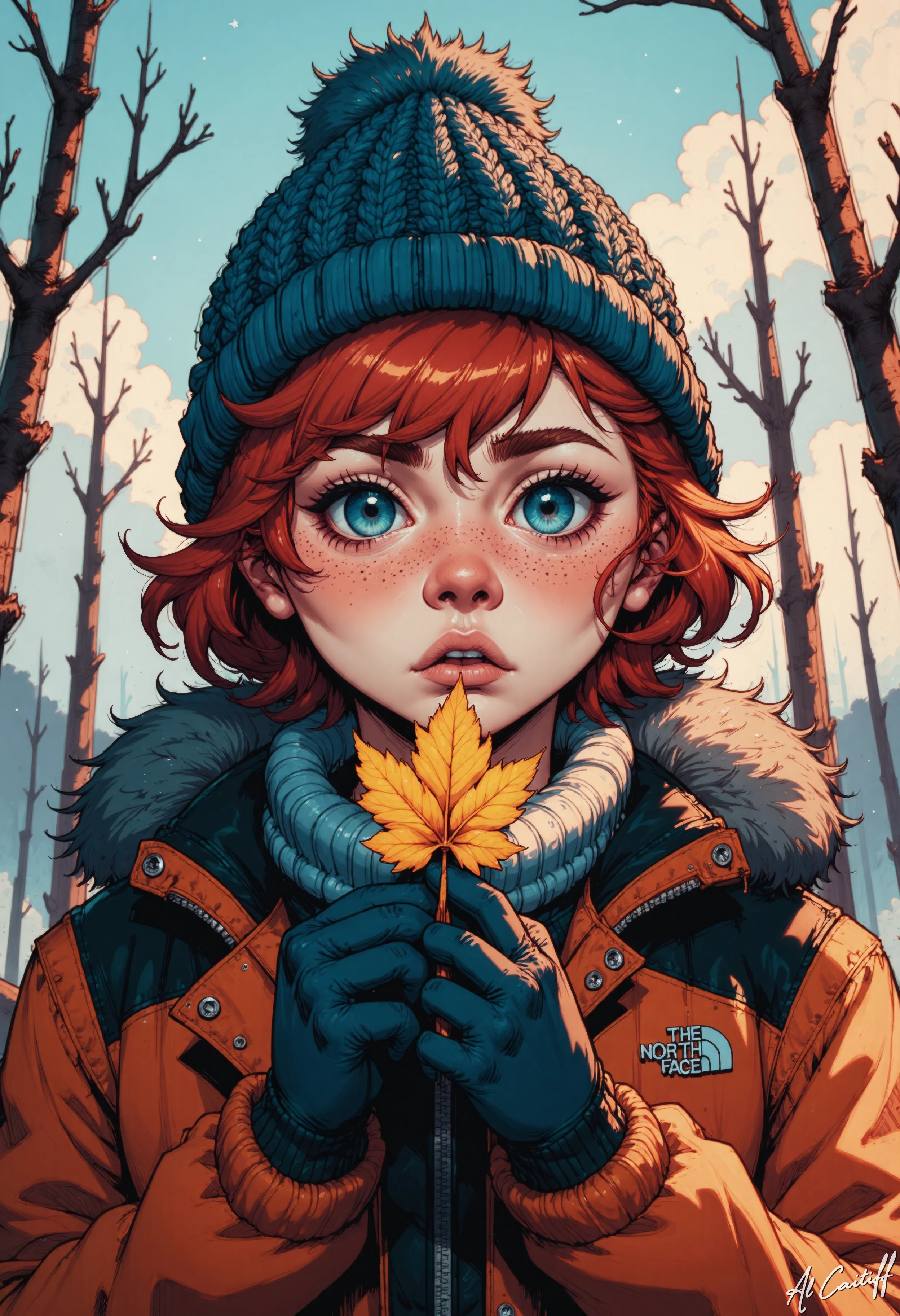 MysticComic, a young girl with piercing blue eyes and a wild mane of curly red hair stands in the foreground, her face framed by the intricate texture of a hand-knitted blue beanie. The soft focus of the camera captures the delicate freckles scattered across her cheeks, like a constellation of tiny stars. Her gaze is fixed intently on the camera, as if daring it to capture the full essence of her winter wonderland. Her gloved hand grasps a vibrant yellow leaf, its edges worn and curled, like a piece of aged parchment. The leaf's golden hue glows warmly against the muted tones of her winter jacket, a sturdy orange and black North Face parka with a fuzzy grey fur-lined hood. The girl's fingers wrap tightly around the leaf, as if holding onto a precious secret. The background is a blur of autumnal colors, a tapestry of gold, orange, and crimson, with the skeletal branches of trees etched against a blue winter sky. The light is soft and diffused, casting a warm glow over the scene, like the gentle warmth of a crackling fire on a cold winter's night. The camera angle is slightly low, as if looking up at the girl from a slight incline, emphasizing her towering presence amidst the autumnal landscape.<lora:CustomFlux/MysticComic-v3.safetensors:1.0:1.0>