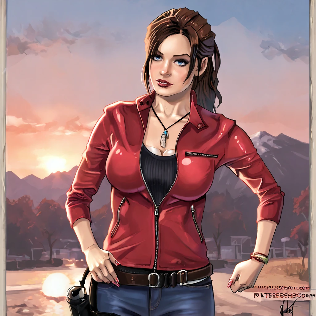 <lora:JEstacado_pony_v1:1> score_9, j-estacado_style, j-estacado, source_artwork <lora:clairere2remake_pony_v1:.8> ClaireResidentEvil2Remake, 1girl, large breasts, denim, brown hair, belt, jewelry, red jacket, jeans, pants, ponytail, necklace, long hair, blue eyes, zipper, holster, cowboy shot