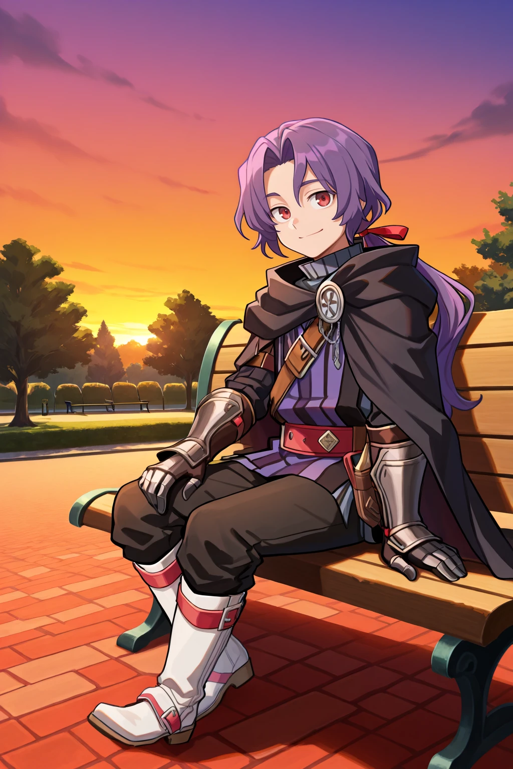 <lora:RussellIL:0.8> , rusdef, 1boy, red eyes, purple hair, long hair, ponytail, low ponytail, hair ribbon, black cloak, cape, striped tunic, tunic, belt, black pants, gauntlets, white boots, sitting, full body, smile, evening, looking at viewer, bench, romantic, park, masterpiece, very aesthetic, absurdres, best quality, amazing quality, high resolution, <lora:illustrious_quality_modifiers_masterpieces_v1:0.8> , <lora:ChamIllustriousBackgroundEnhancer:0.5>,  solo,