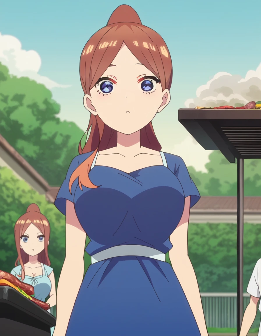 score_9, score_8_up, score_7_up, source_anime, <lora:miku-nakano-honeymoon-ponyxl-lora-nochekaiser:1>, miku nakano, long hair, bangs, brown hair, blue eyes, ponytail, large breasts, anime screencap, dress, collarbone, short sleeves, blue dress, long dress,, backyard, barbecue, grilling, laughter, summer evening, , from below, looking at viewer, solo,, cowboy shot