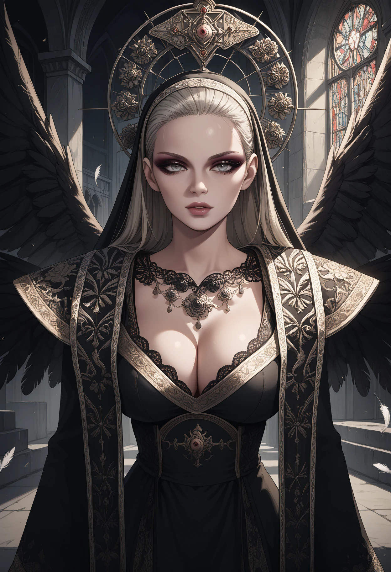 score_9, score_8_up, score_7_up, score_6_up, score_5_up, 4k, high quality, best quality, uncensored, <lora:add-detail-xl:2> ,<lora:StS_PonyXL_Detail_Slider_v1.4_iteration_3:4>, <lora:NM_re_miranda:1>, BREAK NM_re_miranda, solo, 1girl, blue eyes, gray eyes, platinum blonde hair, long hair, breasts, large breasts, slim waist, lips, makeup, halo, jewelry, necklace, ring, black veil, dress, black dress, long sleeves, robe, lace, looking at viewer, wings, black wings, feathers, feathered wings, soft skin, innocent look, full lips, dark eyeshadow, pale skin, open robe, BREAK gothic castle, stone table, bright light, church, chapel, cleavage, down blouse, Bent forward