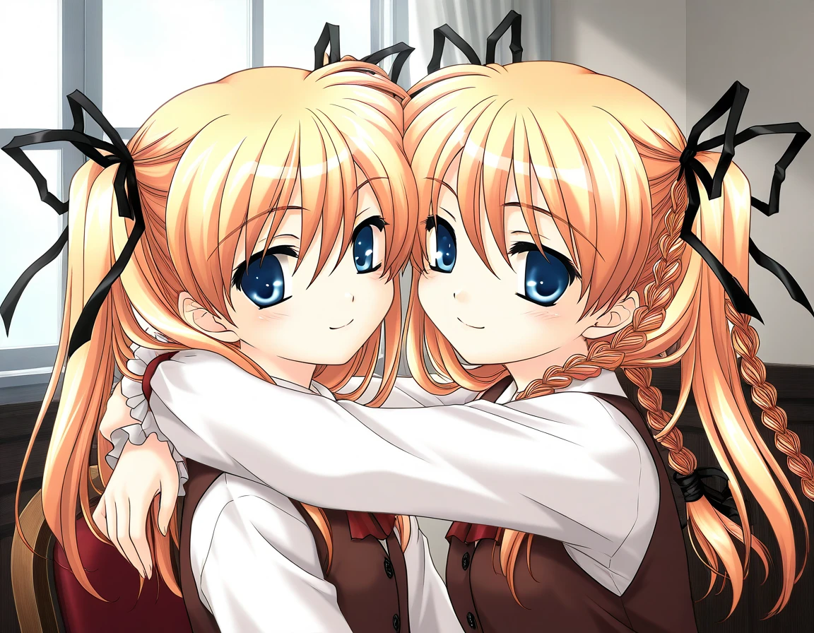 general,highres, ultra-detailed,very aesthetic,best quality ,best hands,  BREAK <lora:Itsukiï¼Imi_IS:1>ãItsukiï¼Imi,  multiple girls, 2girls, blonde hair, twins, siblings, blue eyes, twintails, braid, ribbon, BREAK,
sisters, twin braids, hair ribbon, long hair, chair, brown vest, hug, upper body, shirt, smile,