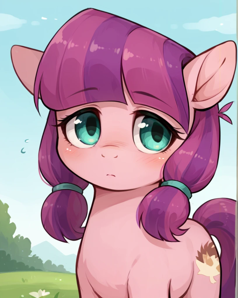 score_9, score_8_up, score_7_up, score_6_up, score_5_up, score_4_up, solo, 1girl, lily longsocks, feral pony, filly, twintails, purple hair, blue eyes, pink fur, shy, outdoors