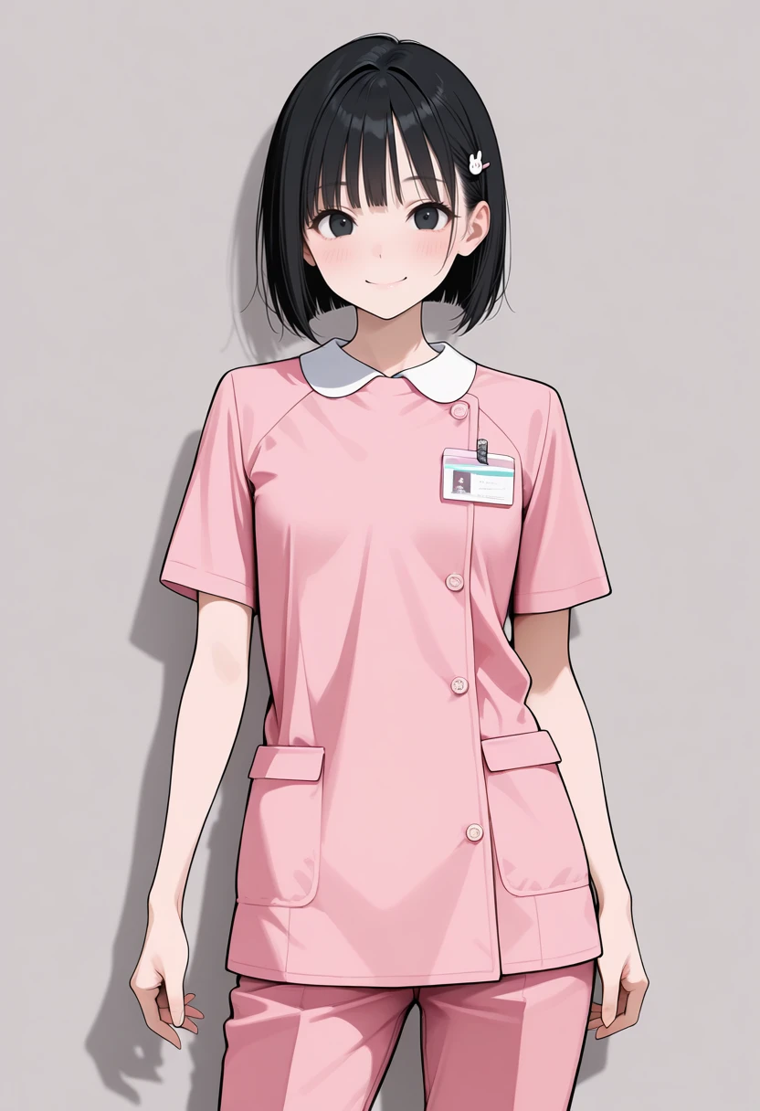masterpiece,best quality,amazing quality, very aesthetic, ((outlined outlined vector graphics)), cute face, (glow eyes:0.8), front view , looking at viewer, cowboy shot,
1girl,20yo,
20yo, black hair, black eyes, short bob hair, hair pin,small breast, slender,
,
pink clothes, (focus female), smile, solo, nurse, nurse-modern-uniform, shirt, pants, smile , bare head <lora:nurse-modern-il-01:1>