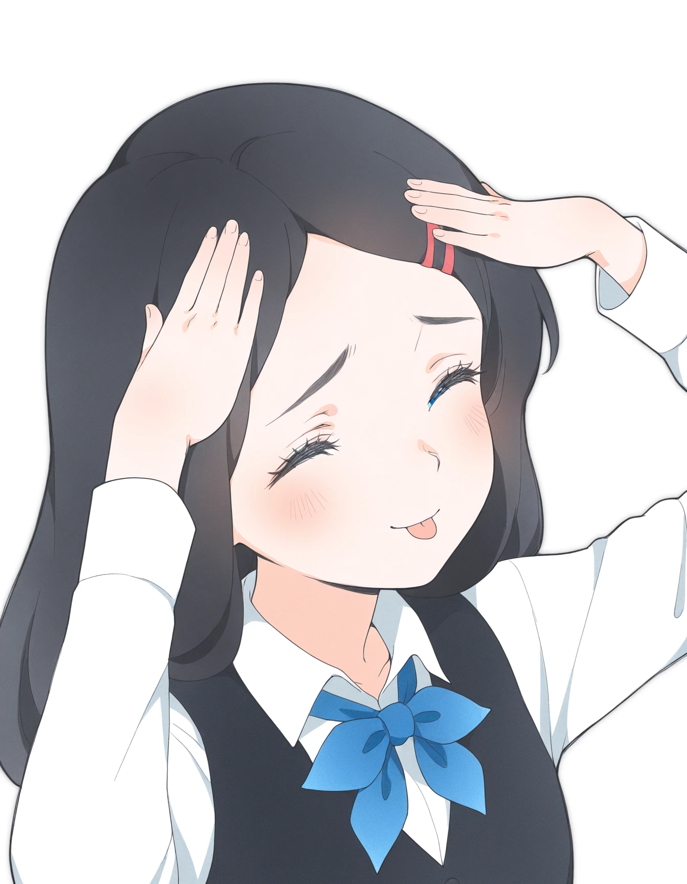 masterpiece, best quality, amazing quality, very aesthetic, high resolution, solo
Polina_Morozova, school uniform, black long hair, blue eyes, white shirt, black vest, blue bow on the neck, AhEtoBlehMeme, closed eyes, tongue out, :p, hands on own head, smile, portrait
 <lora:AhEtoBlehMeme_illusXLNoobAI_Incrs_v1:1>
 <lora:Polina_Morozova_illustriousXL:0.9>