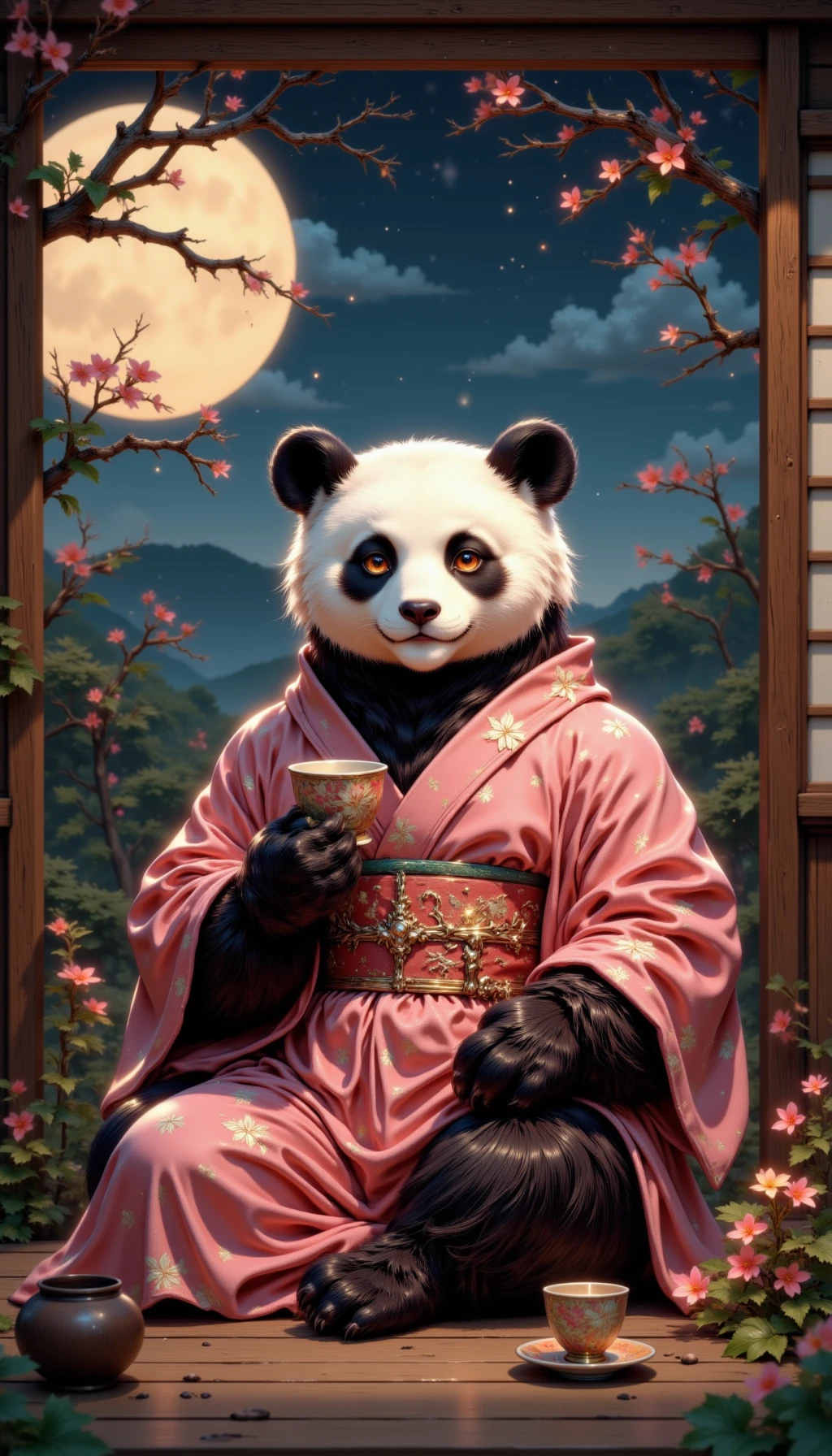 pinkmidnightfantasy,

A panda wearing a traditional kimono, holding a tiny teacup in a tranquil Japanese tea house.