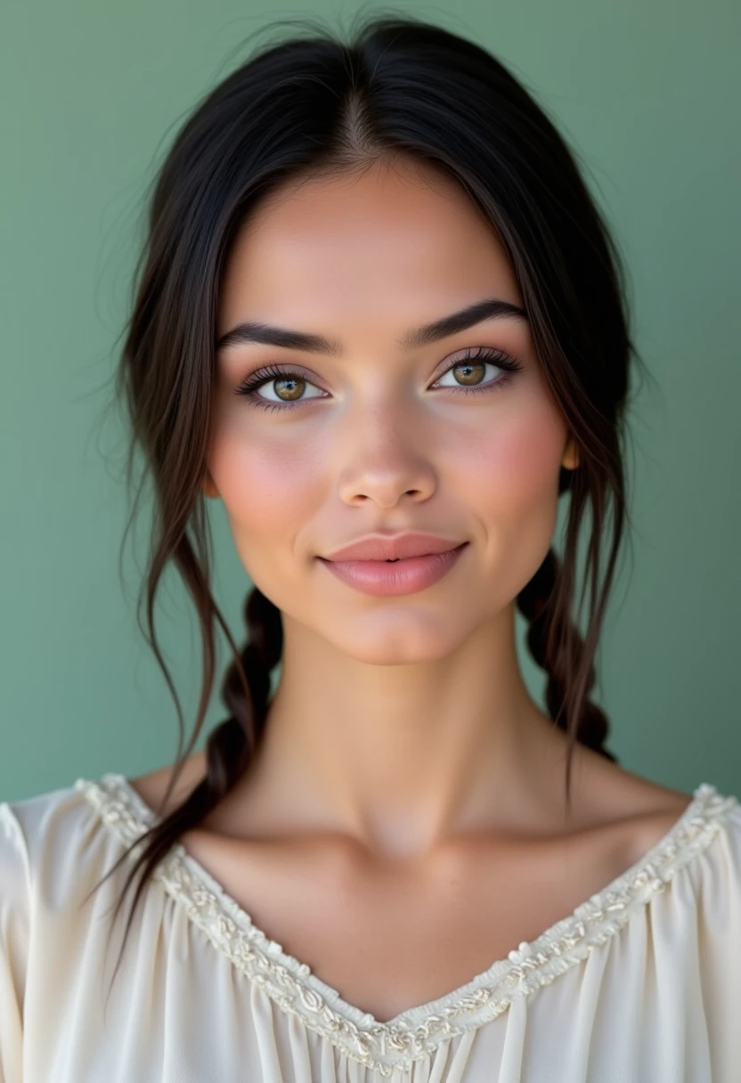 She is approximately 18 years old. Hyperrealism, she is looking at the camera, (dynamic angles), profile headshots of a beautiful, stunning unique female character. she has braid dark hair. her eyes are filled with joy and excitement, extravagant eyelashes. a photo of Maid3n, she is wearing a white frilly shirt. The woman is posing confidently. simple sage green colored background. She has a slight smile on her face and is looking directly at the camera. making this image a masterpiece of photography and digital art. realistic. making this image a masterpiece of photography and digital art. Style: realistic hyper-detailed rendering, 32k UHD, expressive eyes, punk, graphic design, girl's face, pretty and cute, gleaming lips, telling a tale of adventure. Exuding confidence and serenity. The overall mood of the image is happy and relaxed,detailed skin texture,(blush:0.2),(goosebumps:0.3),subsurface scattering,whimsical,Detailed hand, Perfect hand. Perfection style.