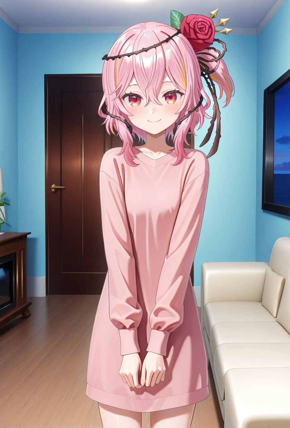 <lora:Rosemi_Lovelock:0.8>, rosemi lovelock, 1girl, pink hair, hair flower, virtual youtuber, rsm_3rd, ponytail, multicolored hair, streaked hair, solo, indoors, smile, looking at viewer, red eyes, living room, standing,