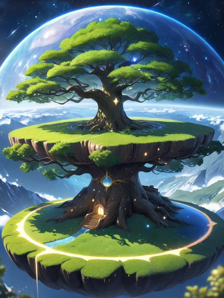(masterpiece,best quality:1.3),ultra realistic,32k,RAW photo,(high detailed skin:1.2), 8k uhd, soft lighting, high quality, film grain,
A vast, cosmic Yggdrasil, the World Tree, stretches into the star-speckled void of space, its massive trunk and sprawling branches connecting the nine realms in Norse mythology. The tree itself appears ancient, with weathered bark and roots that dig deep into the surrounding universe, each level alive with its own distinct world