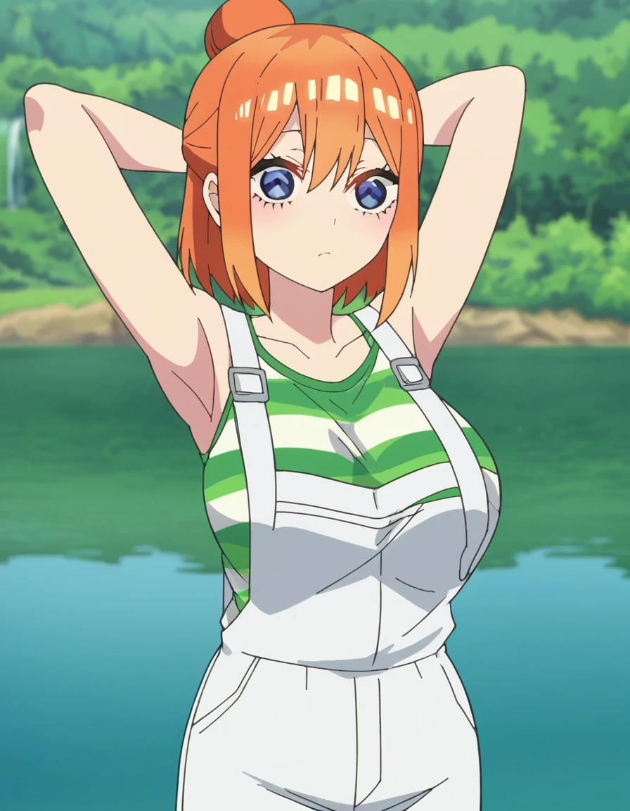 score_9, score_8_up, score_7_up, source_anime, <lora:yotsuba-nakano-honeymoon-ponyxl-lora-nochekaiser:1>, yotsuba nakano, short hair, bangs, blue eyes, hair between eyes, orange hair, eyebrows hidden by hair, half updo, large breasts, anime screencap, shirt, bare shoulders, collarbone, sleeveless, green shirt, overalls, striped shirt,, water, lake, river, waterfall, natural, , hands behind head,, looking at viewer, solo,, cowboy shot