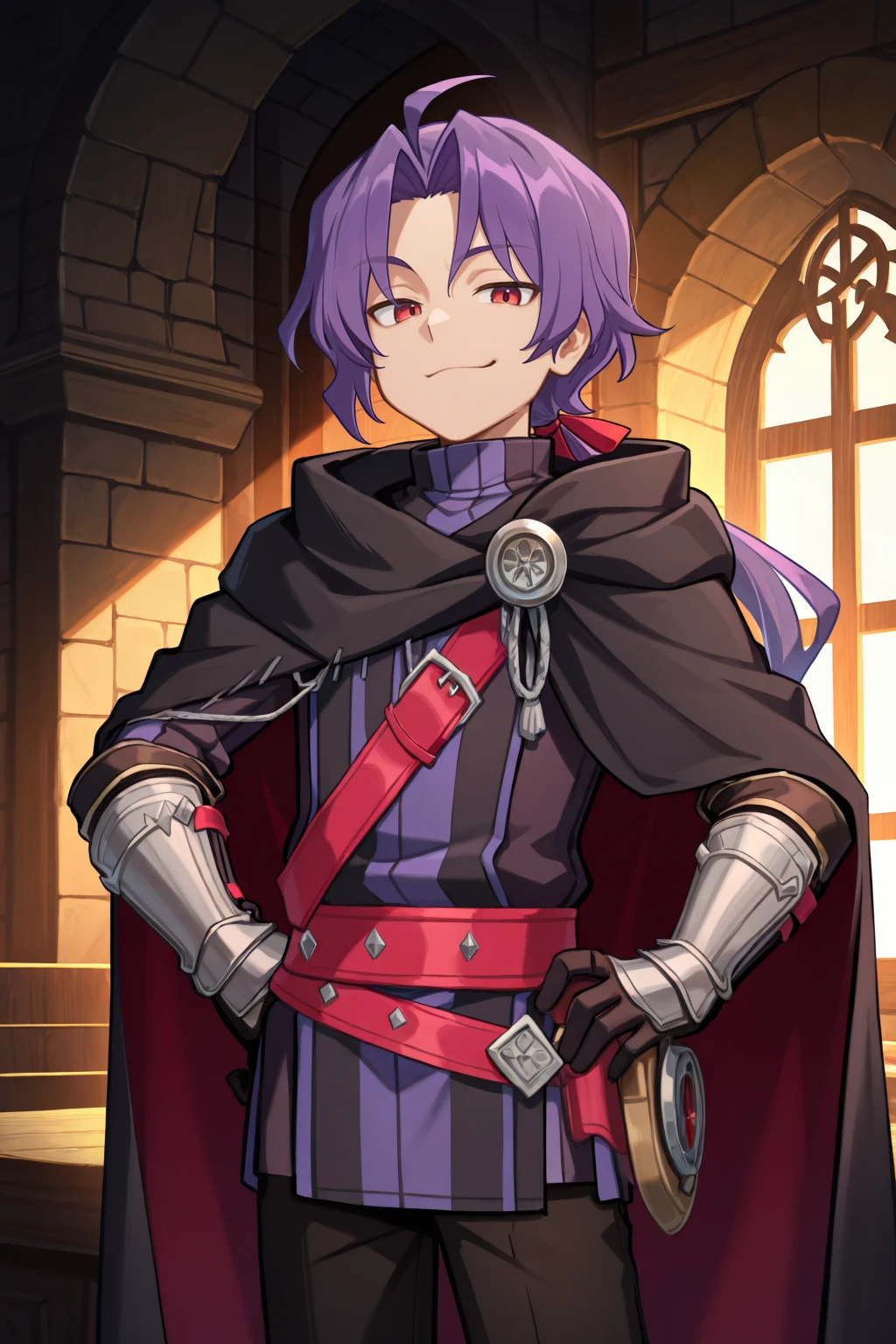 <lora:RussellIL:0.8> , rusdef, 1boy, red eyes, purple hair, long hair, ponytail, low ponytail, hair ribbon, black cloak, cape, striped tunic, tunic, belt, black pants, gauntlets, looking at viewer, (cowboy shot), hand on hip, sassy, smug, interior, ramparts, castle masterpiece, very aesthetic, absurdres, best quality, amazing quality, high resolution, <lora:illustrious_quality_modifiers_masterpieces_v1:0.8> , <lora:ChamIllustriousBackgroundEnhancer:0.5>,  solo,