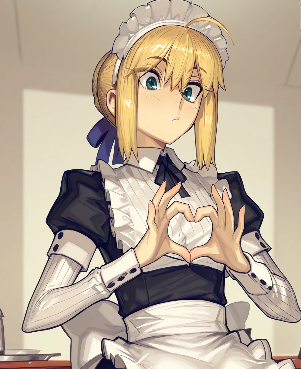 <lora:ardent_knightCIVITAI:1> ardent_knight,
(masterpiece), (best quality), (ultra-detailed), amazing quality, very aesthetic, illustration, perfect composition, intricate details, absurdres, incredibly absurdres, shiny skin, realistic,
ardent_knight, 1girl, artoria pendragon (fate), blonde hair, maid headdress, ahoge, saber (fate), heart hands, white apron, alternate costume, enmaided, long sleeves, black dress, green eyes, puffy sleeves, neck ribbon, sidelocks, short sleeves, maid apron, braid