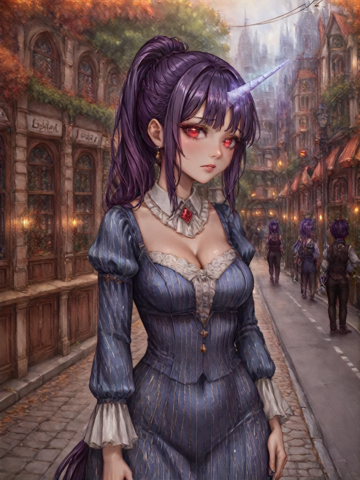 score_9, score_8_up, score_7_up, score_6_up, cindstyle, upper body, (hips:1.5), 1girl, dress, purple hair, red eyes, glowing eyes, sad, horn, unicorn horn, horse tail, outdoors, street, sidewalk, city, hand on hip, hand on own hips, from behind, (portrait), detailed background, Hyperdetailed, Extreme Detail, 4K Resolution, Masterpiece, Best Quality <lora:Cinders_Visual_Novel_Style_-_RealmRabbit-000029:1.1>