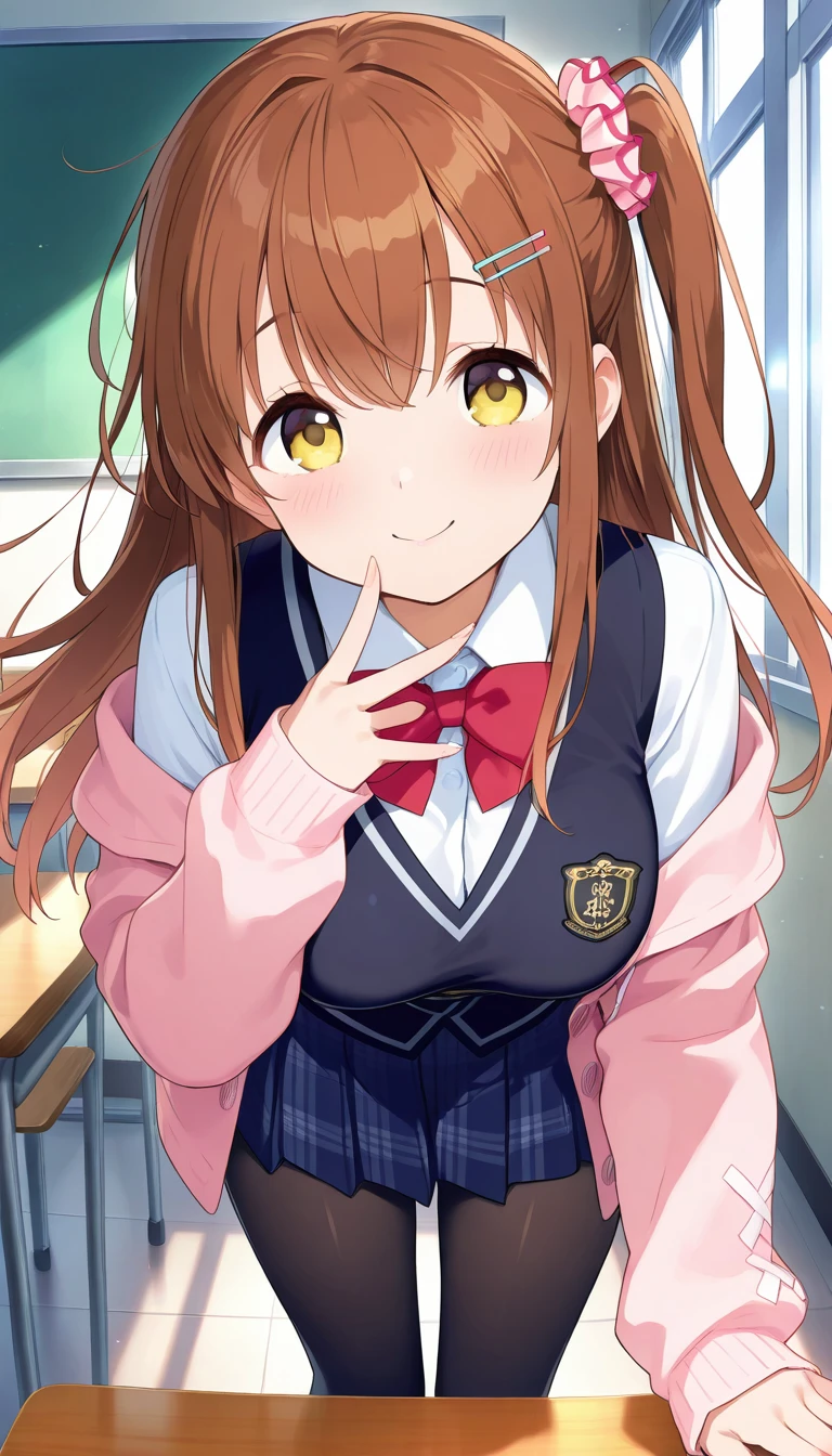 (masterpiece),best quality,amazing quality,very aesthetic,absurdres,newest,perfect body,shiny skin,perfect eyes,detail1eye,well-defined fingers,well-defined fingernails,anime style,indoors,1girl,solo,upper body,(portrait:1.5),looking at viewer,facing viewer,smile,blush,Himeno Sena,long hair,brown hair,one side up,hair scrunchie,hairclip,hair ornament,sidelocks,floating hair,bangs,yellow eyes,pink cardigan,school uniform,black vest,red bowtie,collared shirt,white shirt,long sleeves,medium breasts,skindentation,blue skirt,miniskirt,plaid skirt,pleated skirt,black pantyhose,loafers,<lora:Himeno Sena(ksak)-Illus:1.4>,