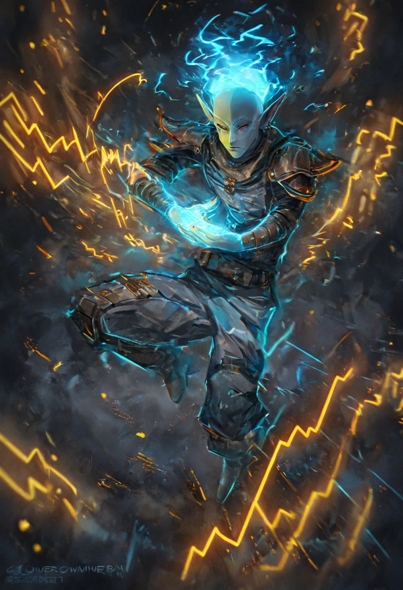 score_9, score_8_up, score_7_up, (best quality:1.1), ultra-detailed, high resolution, 8k, bar background, neon lights, negative_hand, ng_deepnegative_v1_75t, glowneon, glowing, sparks, lightning, vivec, male, elf, dunmer, chimer, two-tone skin, blue and yellow skin, transparent glowing blue hair, dark gray cropped jacket, black short, gray cargo pants, hight boots, calm face, hand drawing a spell, dynamic scene, close view, solo, top view