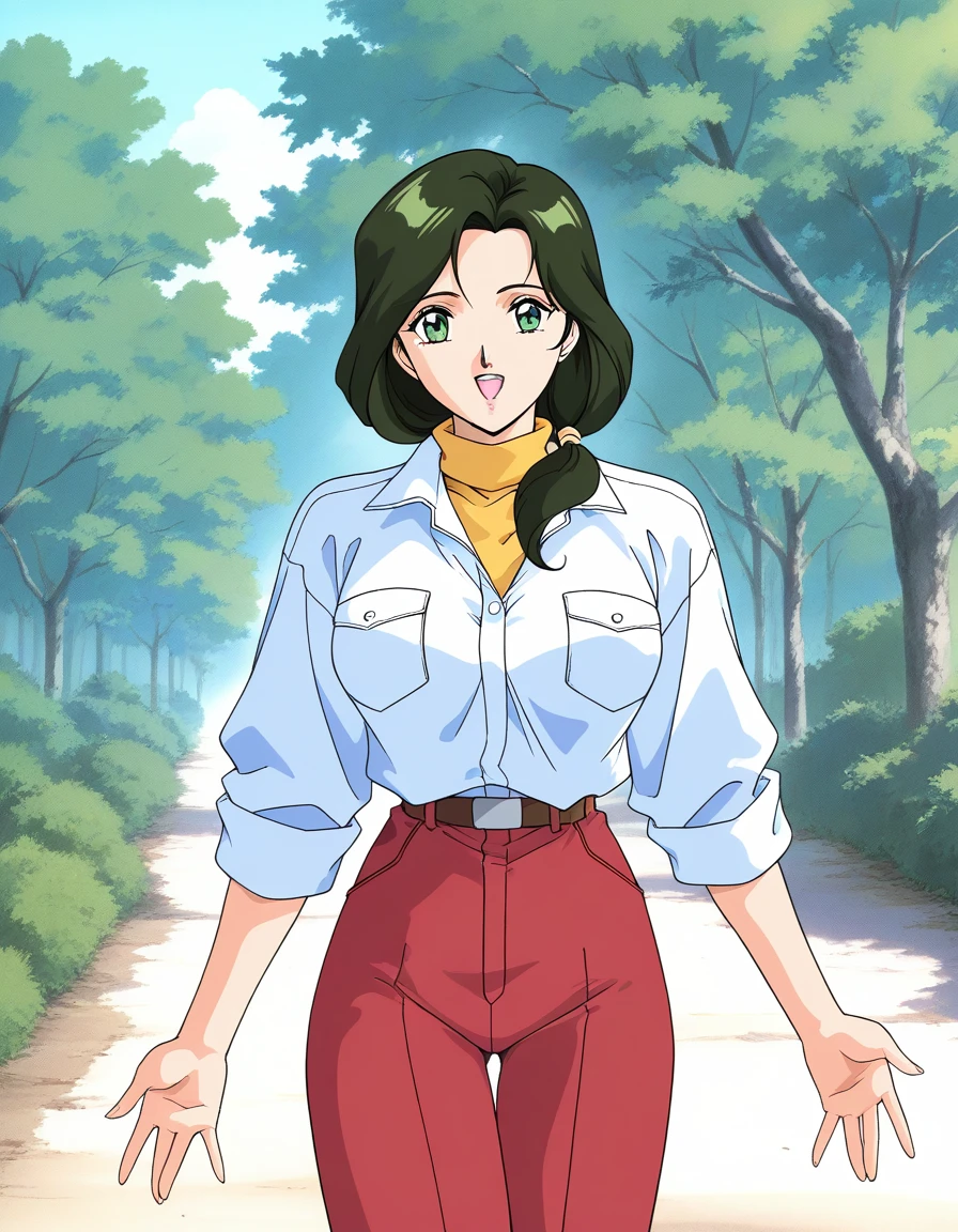 general,highres, ultra-detailed,very aesthetic,best quality ,best hands,  BREAK <lora:Sakurai_Sensei_IS:1>Sakurai_Sensei, 1girl,solo, dark green hair, long hair, green eyes, large breasts, low ponytail, lips,1990s (style), anime coloring, BREAK,
smile,looking at viewer, cowboy_Shot, open mouth, 
down arms,
white sleeve, red pants, long pants, closed jacket, button, 
outdoor, day,, general,highres, ultra-detailed,very aesthetic,best quality ,best hands,  BREAK