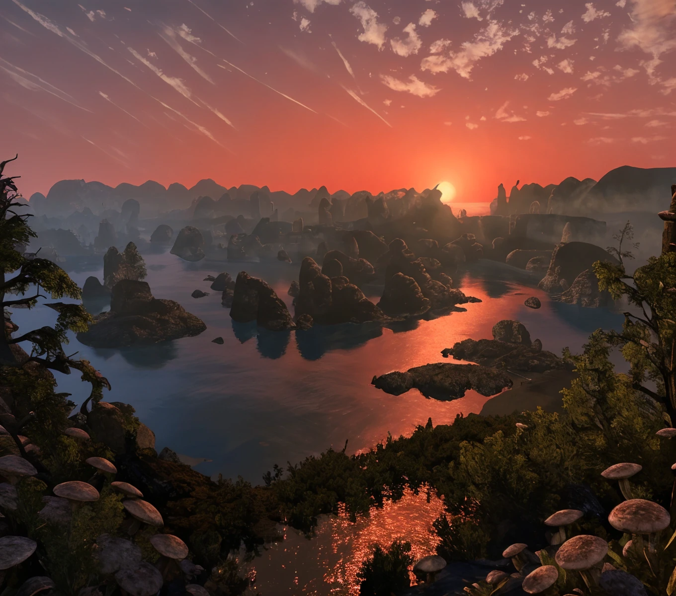 RAW photo, (masterpiece:1.3), subsurface scattering, heavy shadow, (high quality:1.4), (intricate, high detail:1.2), professional photography, HDR, High Dynamic Range, realistic, ultra realistic, photorealistic, high resolution, film photography, ambient lighting, atmospheric effects, <lora:detail_slider_v4:2>, OverallDetail, <lora:Morrowind:1>, Morrowind, landscape, the coast, water, trees, giant mushrooms, dusk, dust in the air, red sky, , epiCPhoto