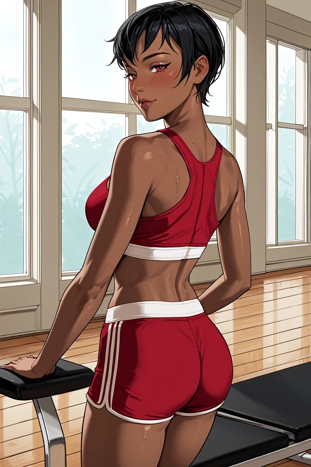 PonyXLV6_Scores BREAK (((parody)), perfect anatomy, perfect eyes, cowboy shot) <lora:add_details_xl:0.8> BREAK <lora:Vixen_-_DC_Animated_Universe:0.8> mari mccabe, short hair, black hair, dark-skinned female, red eyes, flirting, raised eyebrow, half-closed eyes, blush, ((looking back at viewer)), red sports bra, midriff, red shorts, large breasts, curvy, toned, athletic BREAK exercising, running on treadmill, aroused, indoors