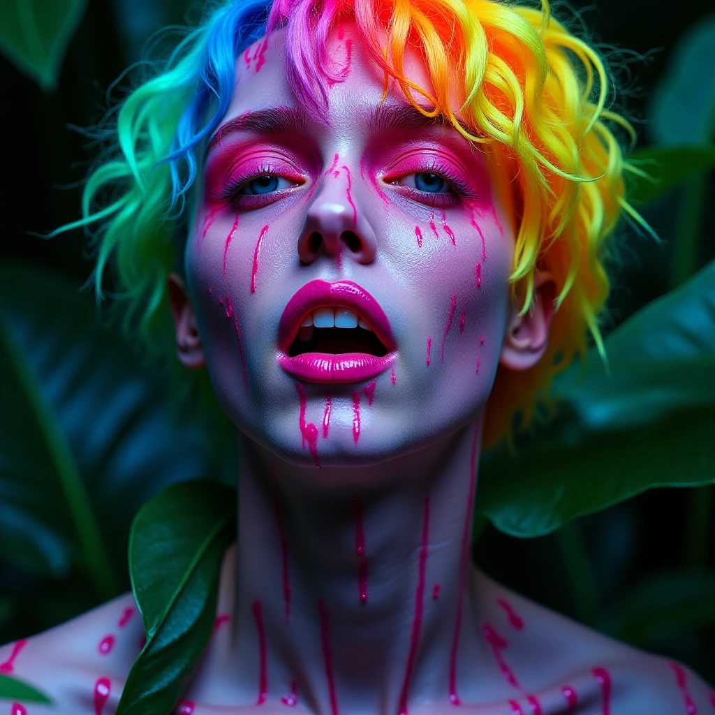 A pale male person with artistic slimy face paint and neon hair. w3p0rtra1t. <lora:Weird_Portraits-000017:1>