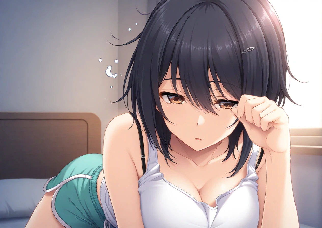 mitsuha, black hair,short hair, worried eyes, Open mouth, white long sleeve button, unbuttoned, cleavage, {{open arms for viewer}}, lying on bed, lie on bed, {{hug}}, open mouth, lying on bed, bedsheet, pov, nsfw, medium chest, Brown eyes, POV,