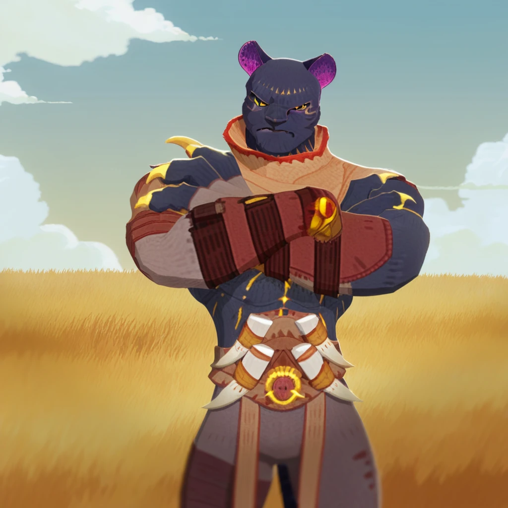 holding, sky, crossed arms, colored sclera, solo, bara, cat tail, jaguar ears, claws, tight, pectorals, cat ears