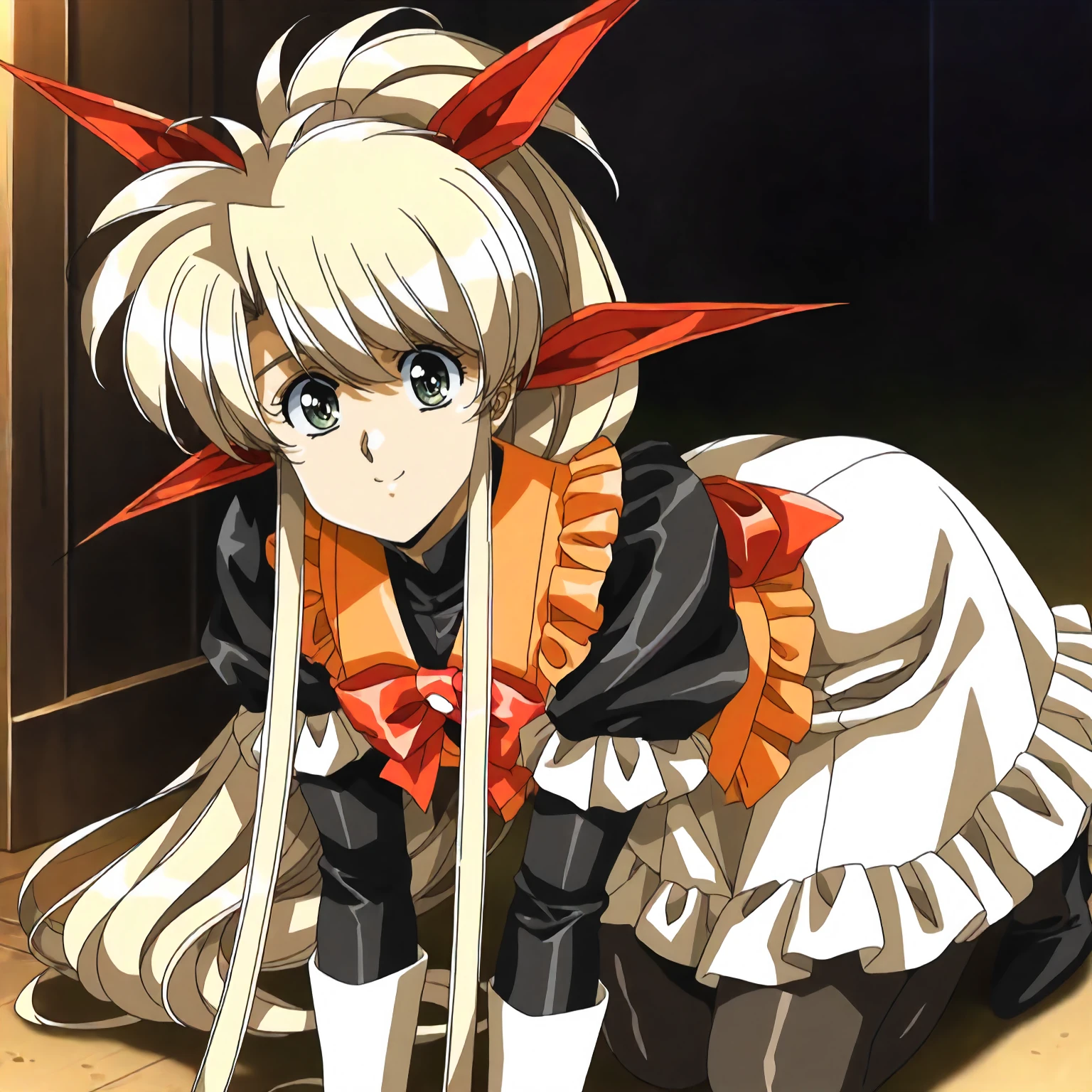 <lora:FI_fayeXLIllustrious002>,
masterpiece,best quality,good quality,newest,
detailed background,
smile,
looking at viewer,
solo,
anime coloring,retro artstyle,
faye\(front_innocent\),1girl,blonde hair,high ponytail,red hairbow,very long sidelocks,green eyes,
frilled_dress,orange vest,bowtie,frilled vest,puffy_sleeves,black sleeves,long sleeves,white cuffs,
white skirt,frill trim skirt,
black_pantyhose,
all fours,