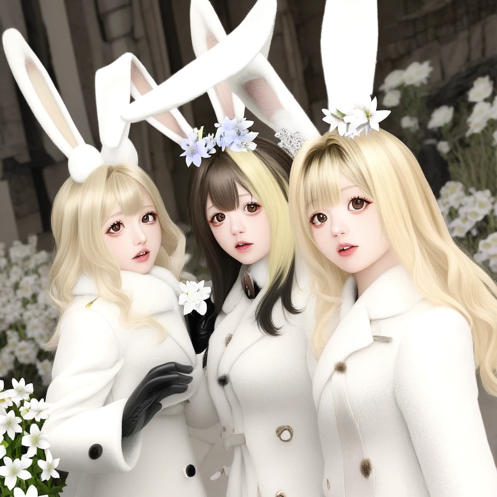 multiple girls, parted lips, blonde hair, white coat, rabbit ears, black gloves, flower, multicolored hair, brown eyes