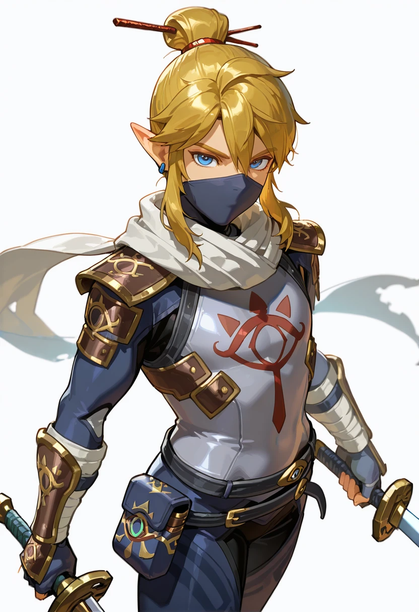 masterpiece, best quality,absurdres, ultra-detailed, high resolution,

link, weapon, male focus, solo, sword, 1boy, mask, holding, holding weapon, scarf, holding sword, white background, mouth mask, gloves, single hair bun, white scarf, hair ornament, simple background, looking at viewer, hair bun, hair between eyes