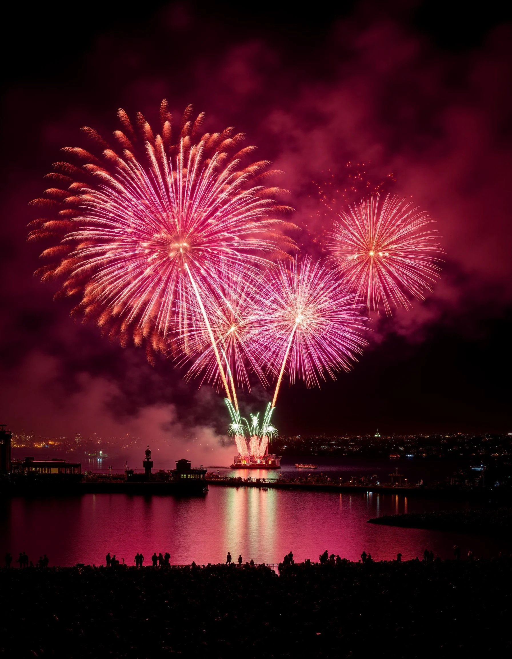 epic fireworks display, bright, deep red color fireworks <lora:fireworks:1>