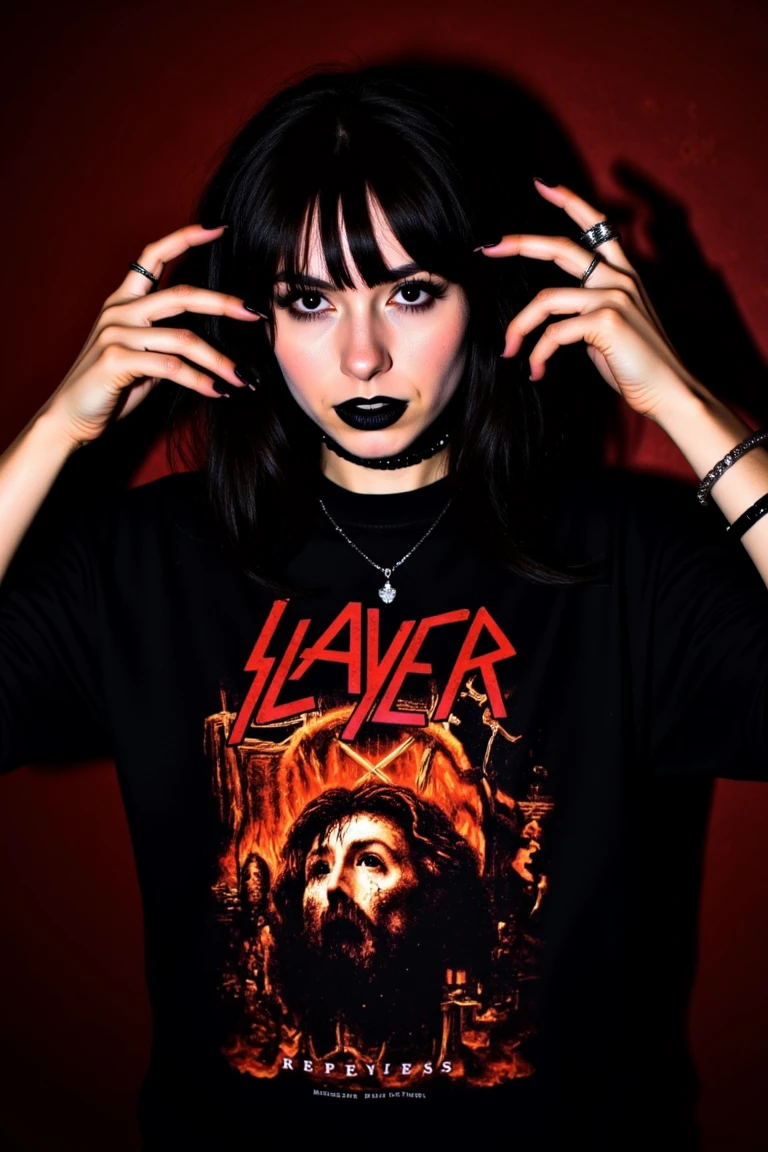 sl4y3r , gothic woman wearing a "Slayer", repentless, t-shirt, in a party <lora:metal-gothic-girls:0.8> <lora:Rock&Metal t-shirts-slayer-repentless:0.9>, RAW candid cinema, 16mm, color graded portra 400 film, remarkable color, ultra realistic, textured skin, remarkable detailed pupils, realistic dull skin noise, visible skin detail, skin fuzz, dry skin, shot with cinematic camera