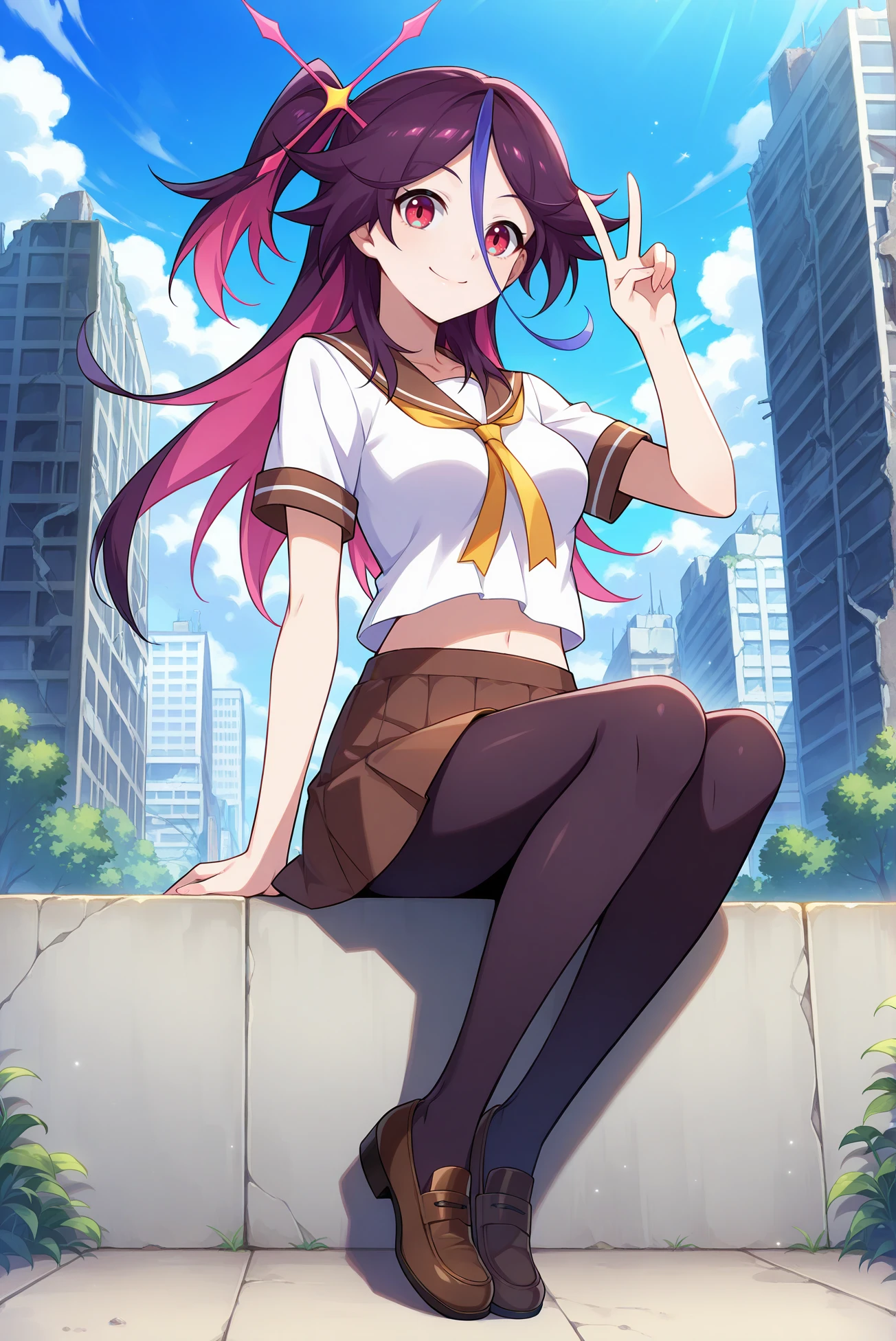 masterpiece, best quality, anime, 2d, 1girl, (slender, anime screencap, medium breasts), solo, houraiji gakuen, <lora:Houraiji-ILXL-V1:1>
BREAK (colored inner hair, purple hair, streaked hair, long hair, hair ornament, parted bangs, hair between eyes, one side up), outdoors, city ruins
BREAK (serafuku, school uniform, midriff, brown miniskirt, pantyhose, white shirt, brown skirt:1.4),
BREAK (looking at viewer, full body, sitting:1.2), (smile, v, red eyes),