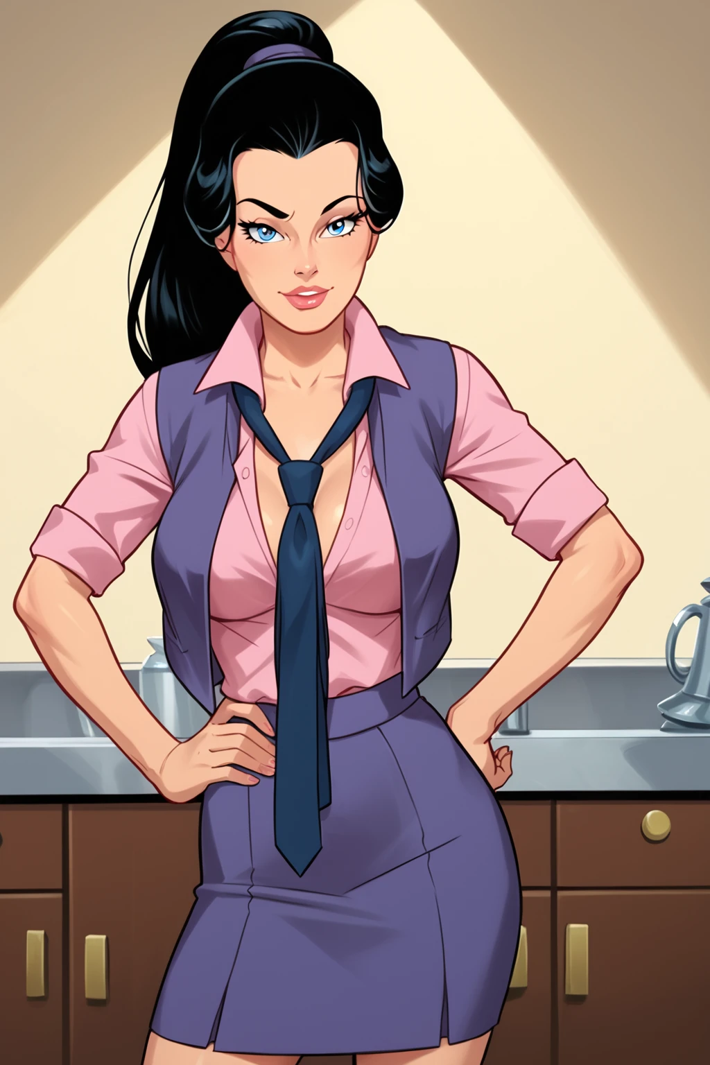 PonyXLV6_Scores BREAK ((retro artstyle), perfect anatomy, perfect eyes, cowboy shot) <lora:add_details_xl:0.8> BREAK <lora:Spider-Woman_-_Marvel_Animation:0.8> jessica drew, long hair, black hair, blue eyes, flirting raised eyebrow, ((looking at viewer)), ponytail, vest, shirt, necktie, skirt, large breasts, curvy, toned, athletic, seductive pose, standing, hands on hip, indoors
