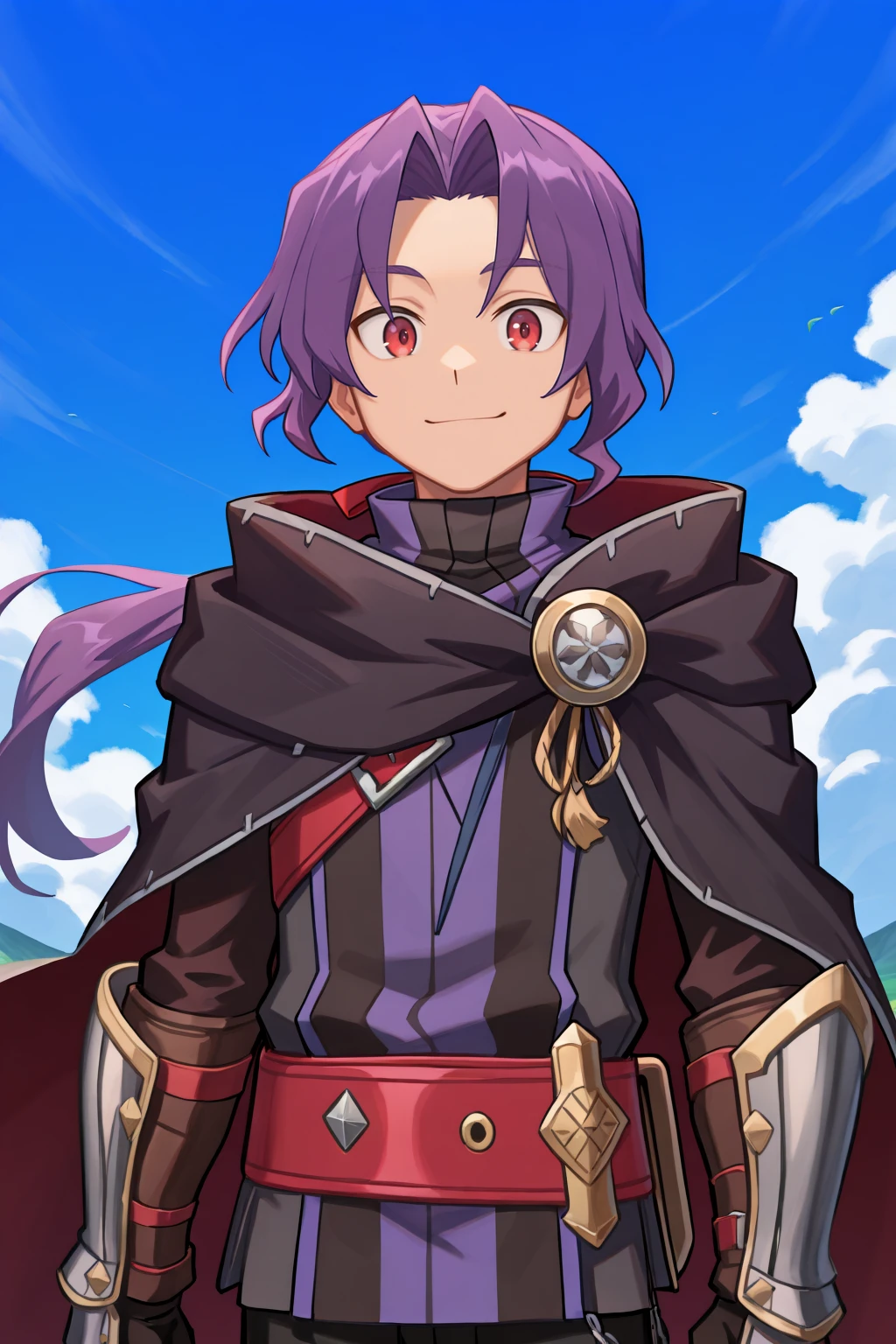 <lora:RussellIL:0.8> , rusdef, 1boy, red eyes, purple hair, long hair, ponytail, low ponytail, hair ribbon, black cloak, cape, striped tunic, tunic, belt, black pants, gauntlets, upper body, looking at viewer, smile, day, blue sky, masterpiece, very aesthetic, absurdres, best quality, amazing quality, high resolution, <lora:illustrious_quality_modifiers_masterpieces_v1:0.8> , <lora:ChamIllustriousBackgroundEnhancer:0.5>,  solo,